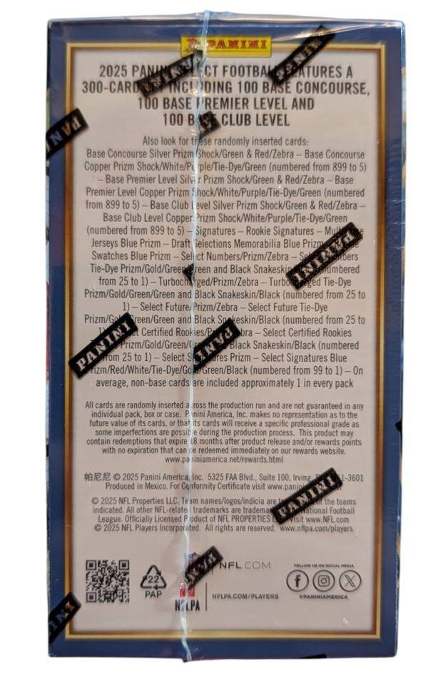 2025 Panini Project Football features a 300-card set including 100 Base Concourse, 100 Base Premier Level, and 100 Club Level. Also look for these randomly inserted cards:

- Base Concourse Silver Prizm Shock/Green Red/Zebra
- Base Concourse Copper Prizm Shock/White/Purple/Tie-Dye/Green (numbered from 899 to 5)
- Base Premier Level Silver Prizm Shock/Green Red/Zebra
- Base Premier Level Copper Prizm Shock/White/Purple/Tie-Dye/Green (numbered from 899 to 5)
- Base Club Level Silver Prizm Shock/Green Red/Zebra
- Base Club Level Copper Prizm Shock/White/Purple/Tie-Dye/Green (numbered from 899 to 5)
- Signatures Rookie Signatures Jerseys Blue Prizm
- Draft Selections Memorabilia Blue Prizm Swatches Blue Prizm Numbers/Prizm/Zebra
- Tie-Dye Prizm/Gold/Green
- Black Snakeskin/Black (numbered from 25 to 1)
- Turbo Tie