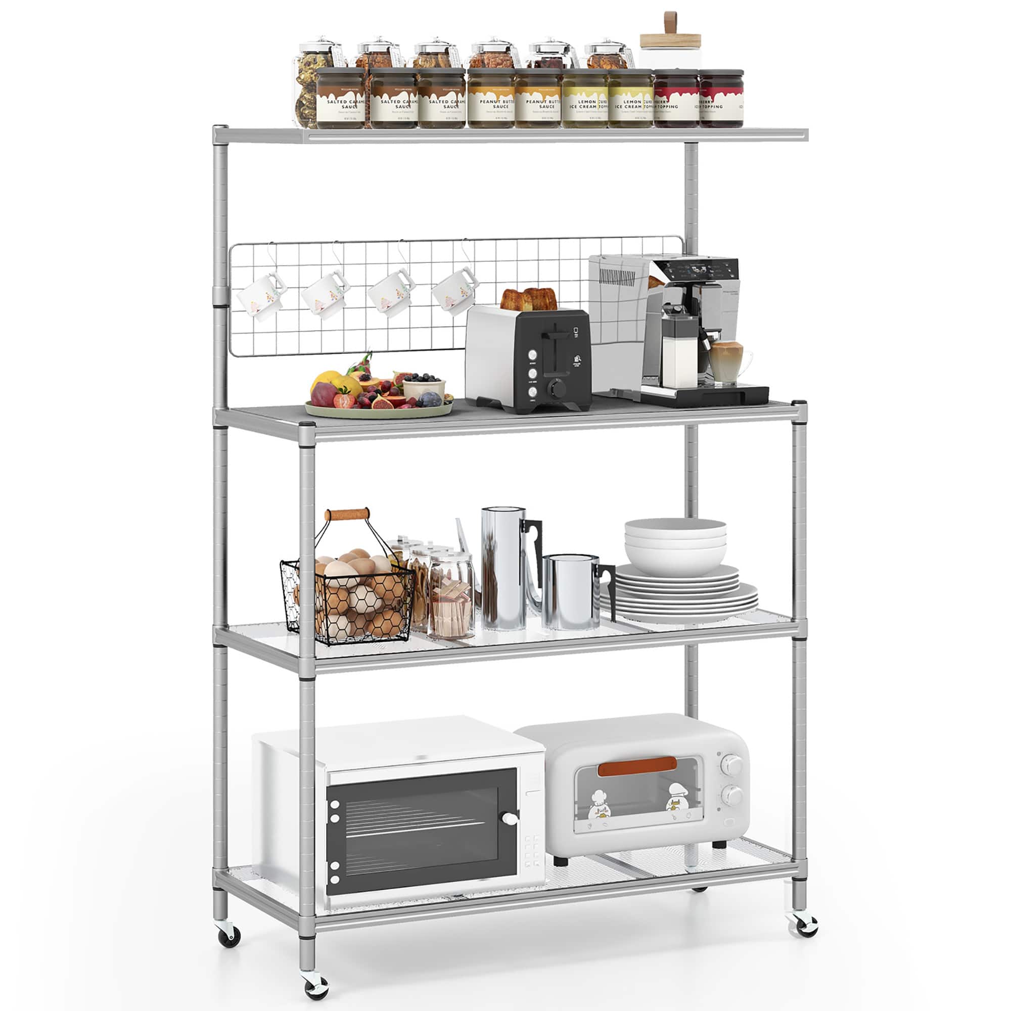 Gymax - 4-Tier Coffee Bar Table w/Adjustable Shelves S Hooks Hanging Net & Shelf Liner - Silver price history on PriceWatchPro