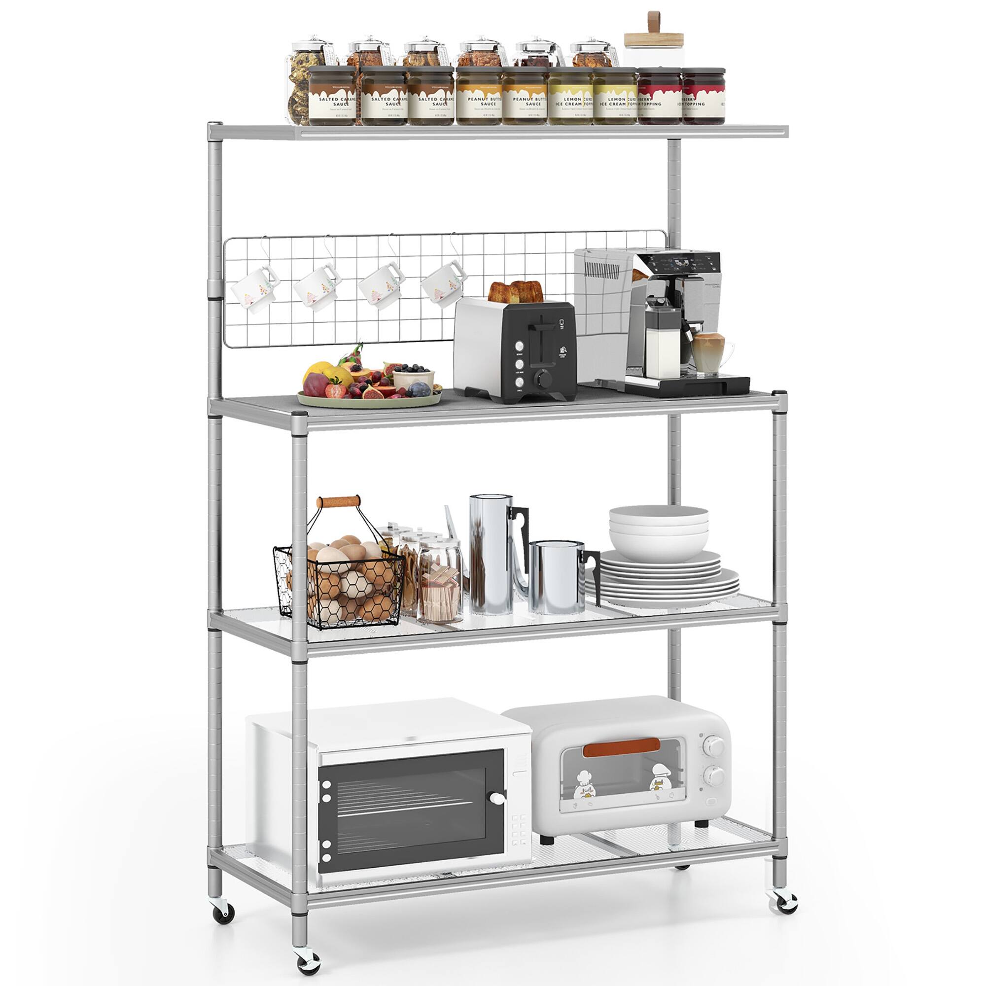 Front. Gymax - Gymax 4-Tier Coffee Bar Table w/Adjustable Shelves S Hooks Hanging Net & Shelf Liner - Silver.