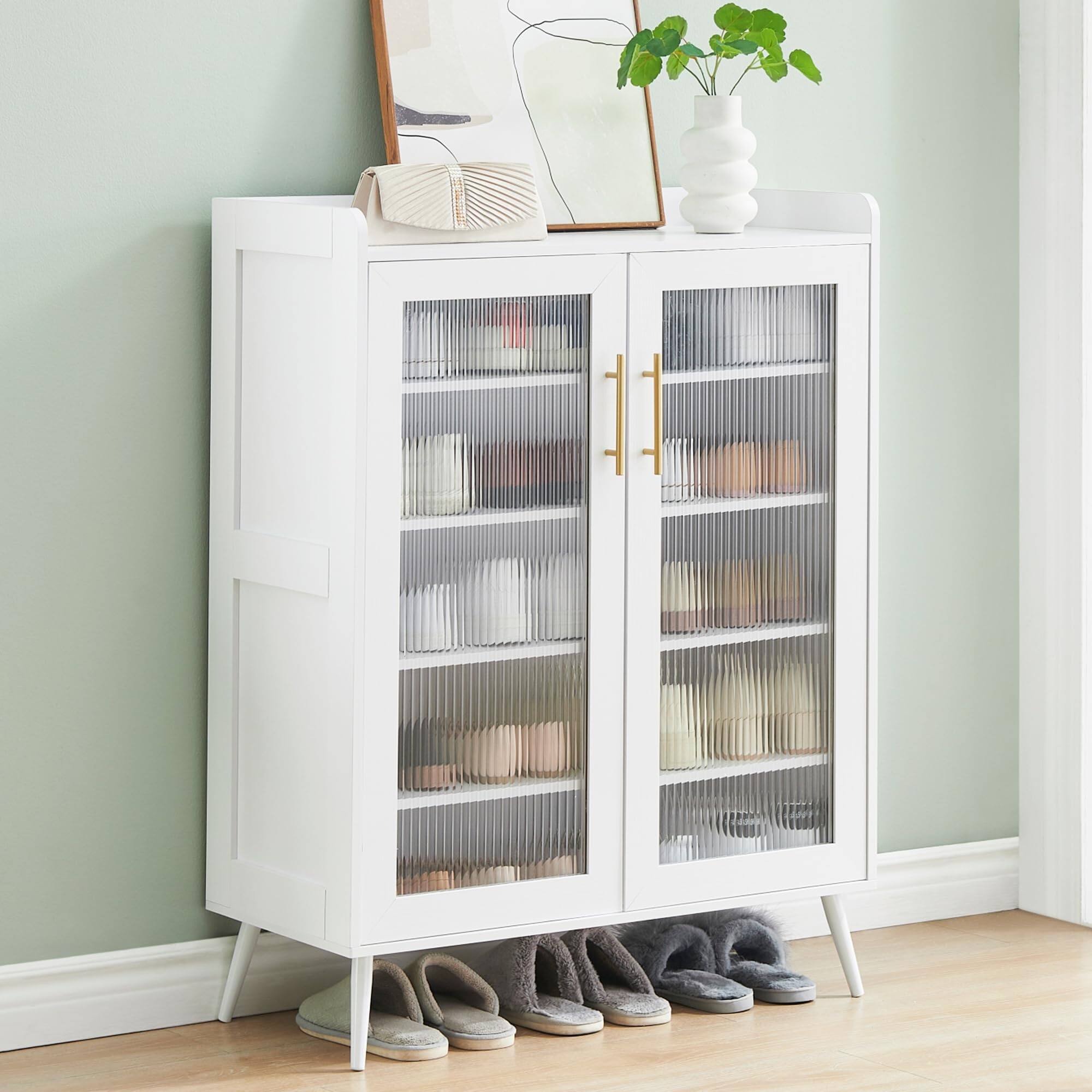 Left. Jojoka - 5-Tier Shoe Cabinet with Glass Front Doors, Durable Storage Organizer Featuring Reinforced Support Legs - White.