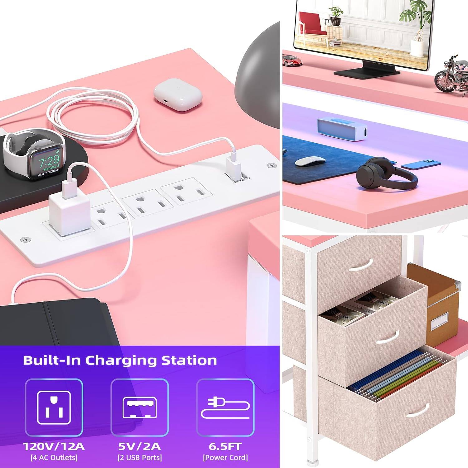 7:29 Monday 7.30 AM  
Built-In Charging Station  
120V/12A [4 AC Outlets]  
5V/2A [2 USB Ports]  
6.5FT [Power Cord]