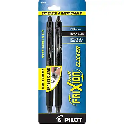 ERASABLE & RETRACTABLE!
FINE 0.7mm
BLACK CEL INK
ERASABLE & REFILLABLE
CLICKER
WRITES SMOOTH
ERASES CLEAN
PILOT