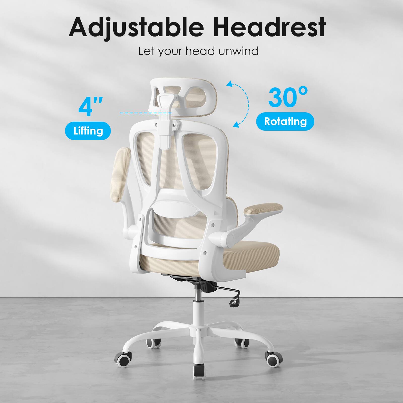 Adjustable Headrest  
Let your head unwind  

4" Lifting  
30° Rotating