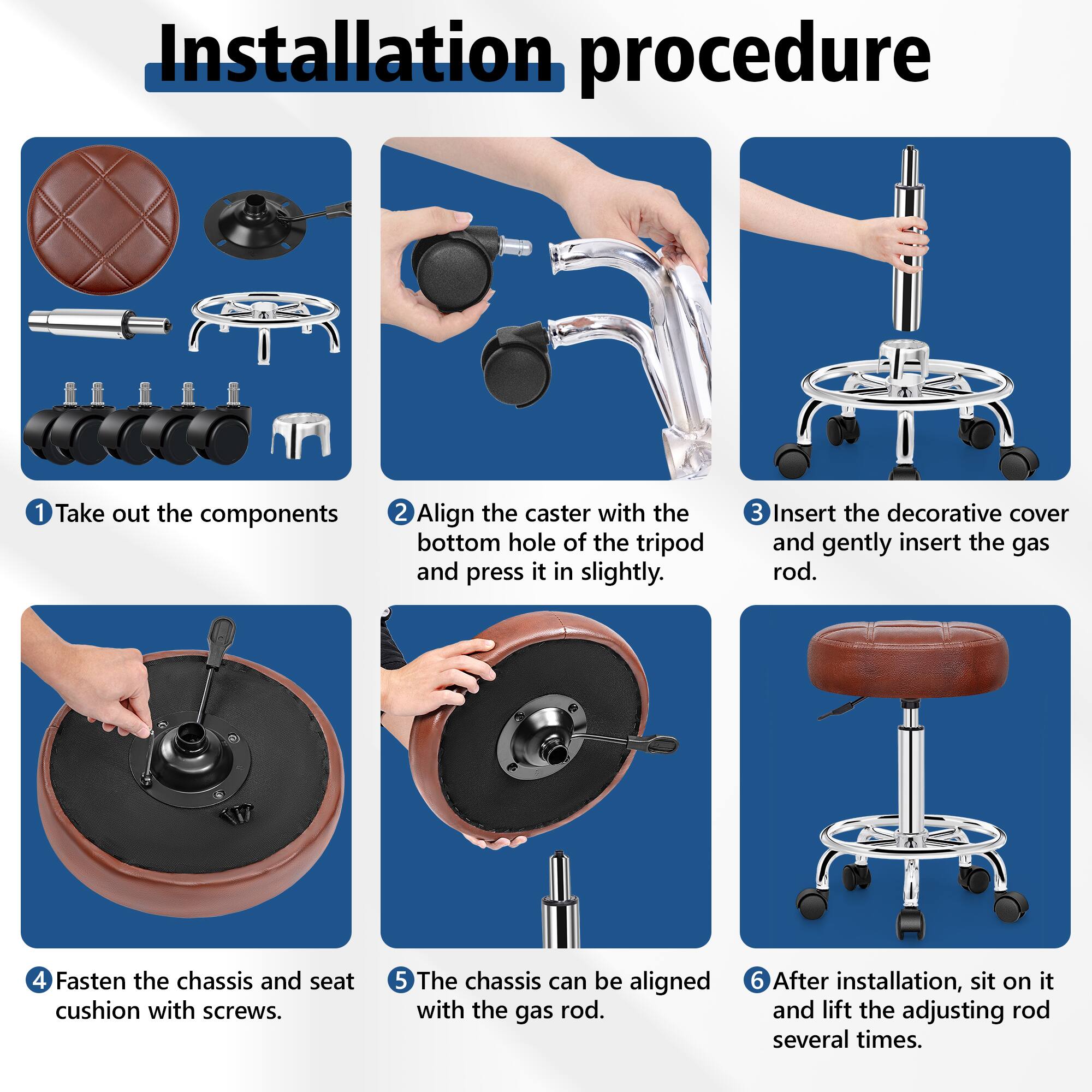 Alt View 2. KERDOM - Versatile Rolling Stool Adjustable Height PU Leather Swivel Small Office Chair without Back for Drawing Tattoo Salon Lab - Browm.