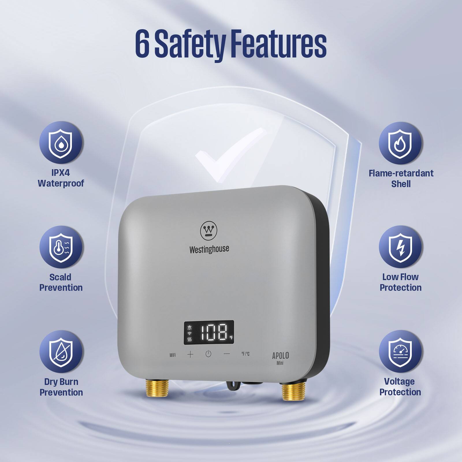 6 Safety Features

- IPX4 Waterproof
- Flame-retardant Shell
- Scald Prevention
- Low Flow Protection
- Dry Burn Prevention
- Voltage Protection