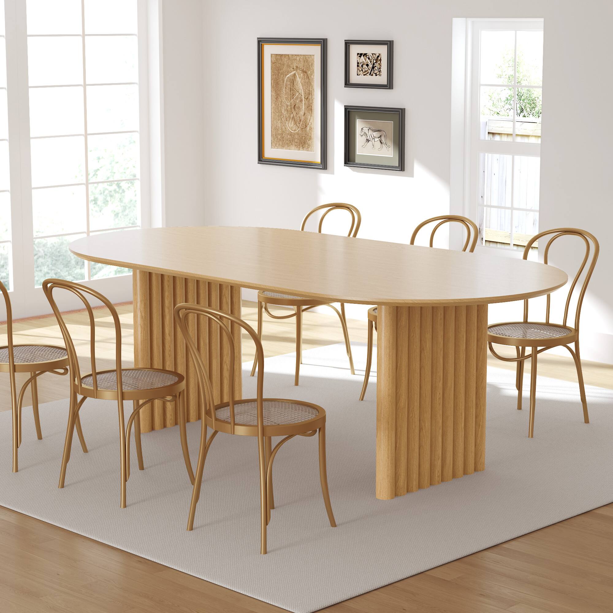 Angle. Lirago - 79" Solid Wood Oval Dining Table with Double Pedestal Large Kitchen Table Seats 6-8 or More for Dining Room - Natural.