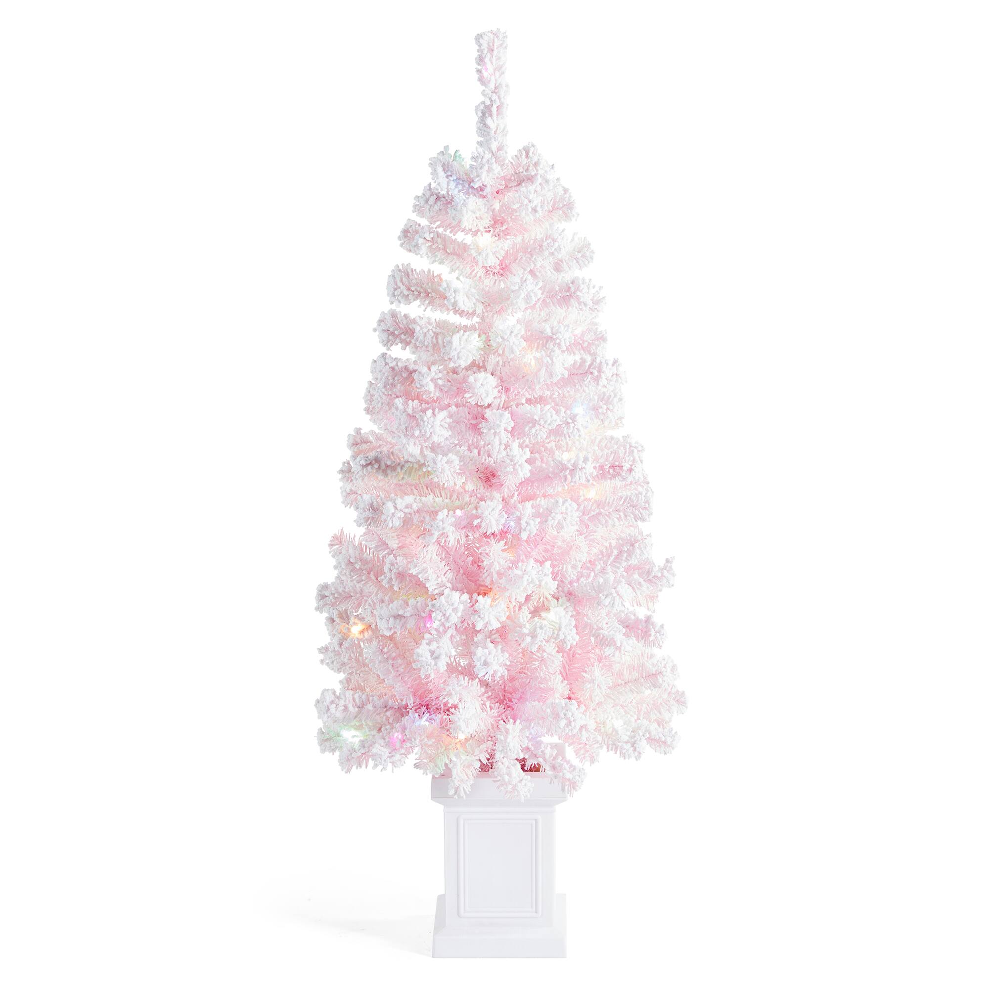 Angle. Glitzhome - 4ft Pre-Lit Flocked Pink Artificial Christmas Porch Tree, 100 white/multi-color LED Lights,8 function, Foot Pedal - White.