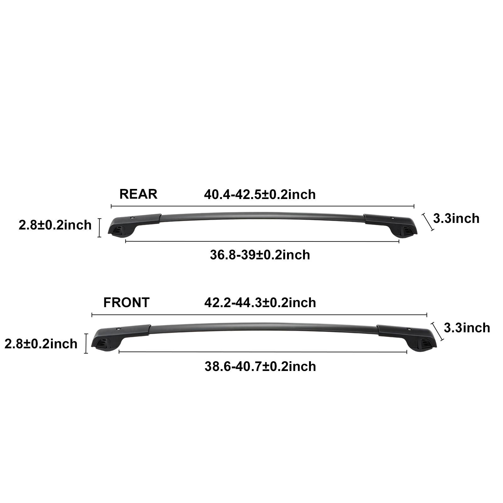 REAR: 40.4-42.5 inches, 2.8 inches, 3.3 inches, 36.8-39 inches  
FRONT: 42.2-44.3 inches, 2.8 inches, 3.3 inches, 38.6-40.7 inches