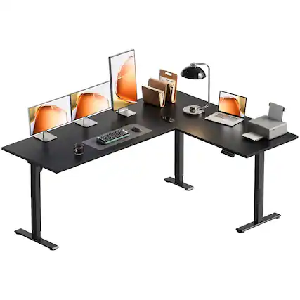 Front. OffiGo - Reversible L Shaped Electric Standing Desk, Height Adjustable Corner Stand Up Computer Table for Home Office - Black.