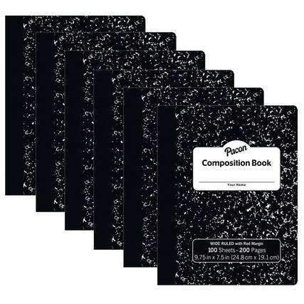9.75 in x 7.5 in (24.8 cm x 19.1 cm)
100 Sheets - 200 Pages
Wide Ruled with Red Margin
Pacon Composition Book
Your Name