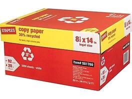 Staples - 30% Recycled Copy Paper, 8.5" x 14", 20 lbs., 500 Sheets/Ream, 10 Reams/Carton - White