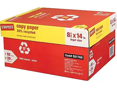 STAPLES copy paper
30% recycled
for basic, high-volume jobs
8½ x 14 in legal size
92 gsm
20 lbs
5000 sheets - white
Item# 581760
STAPLES Brand Group
Staples Inc.
1000 Staples Drive
Memphis, TN 38122 USA
Made in USA
© 2008 Staples Inc.