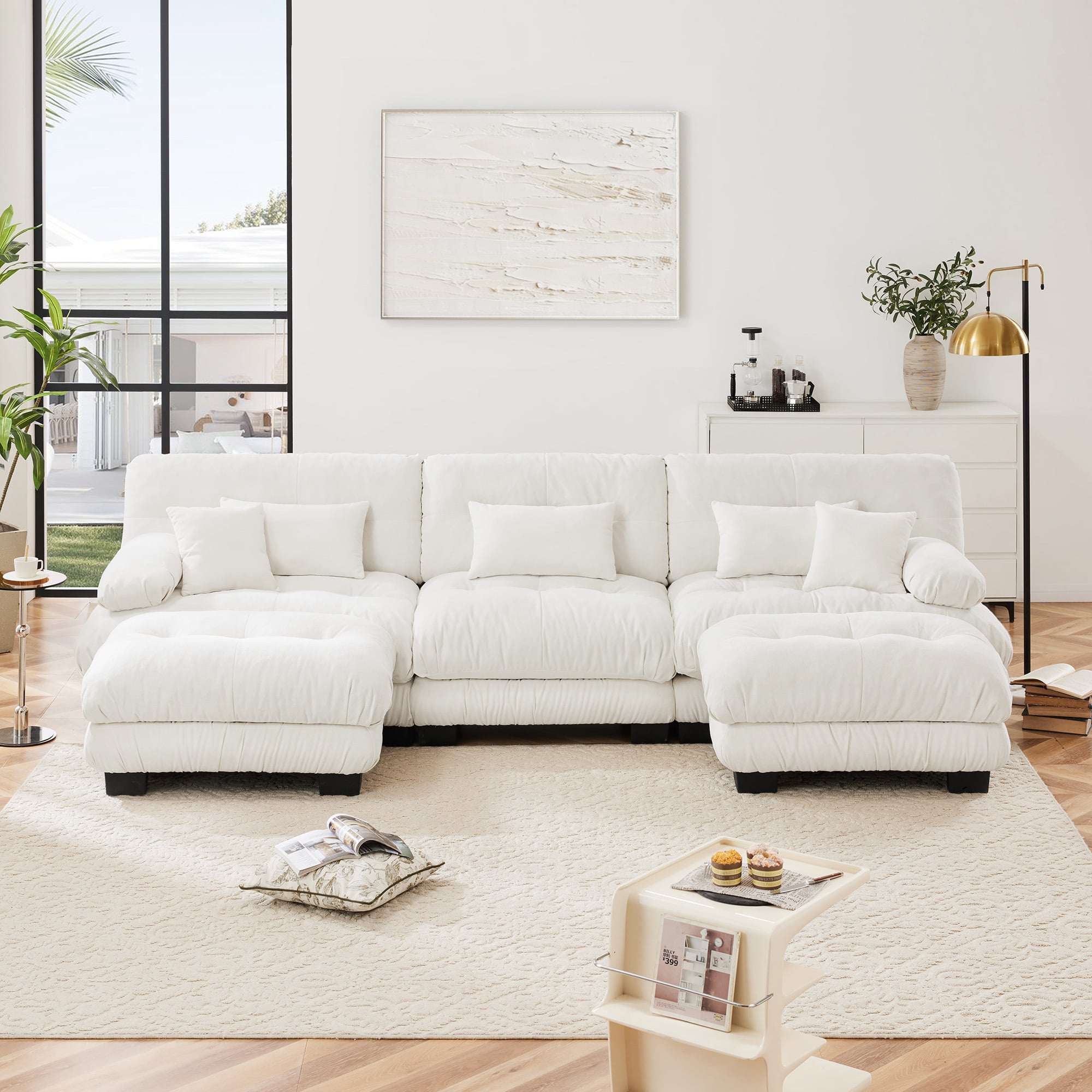Aukfa - U-Shape Modular Sectional Sofa with Two Ottomans - 3-Seat Corner Sofa with Waist Pillows, Bolstered Armrests - White