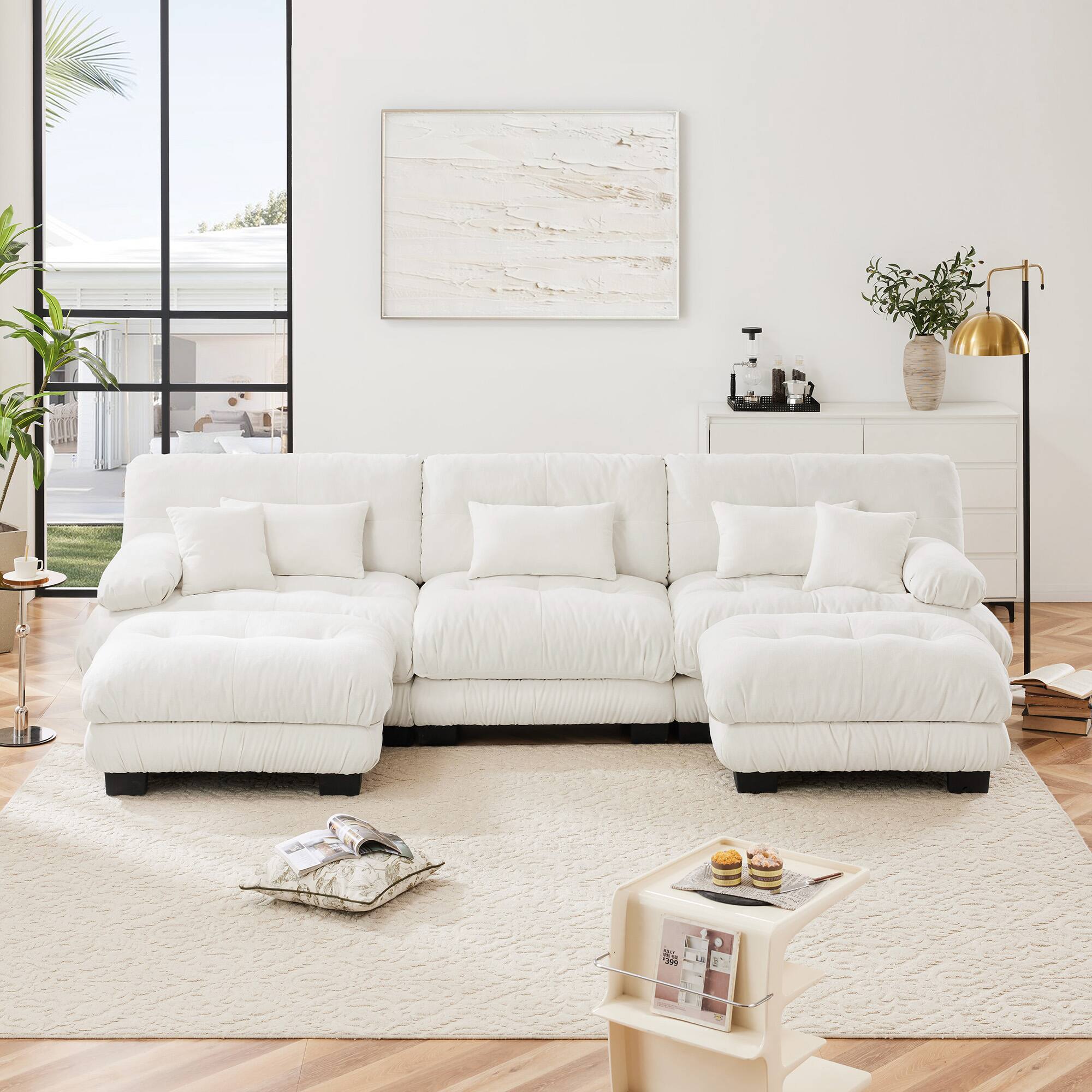Left. LOVMOR - Chenille Modular Sectional Couch U Shaped Deep Seat Compressed Pack For Living Room Plush Cozy Lounge Home Den - White.