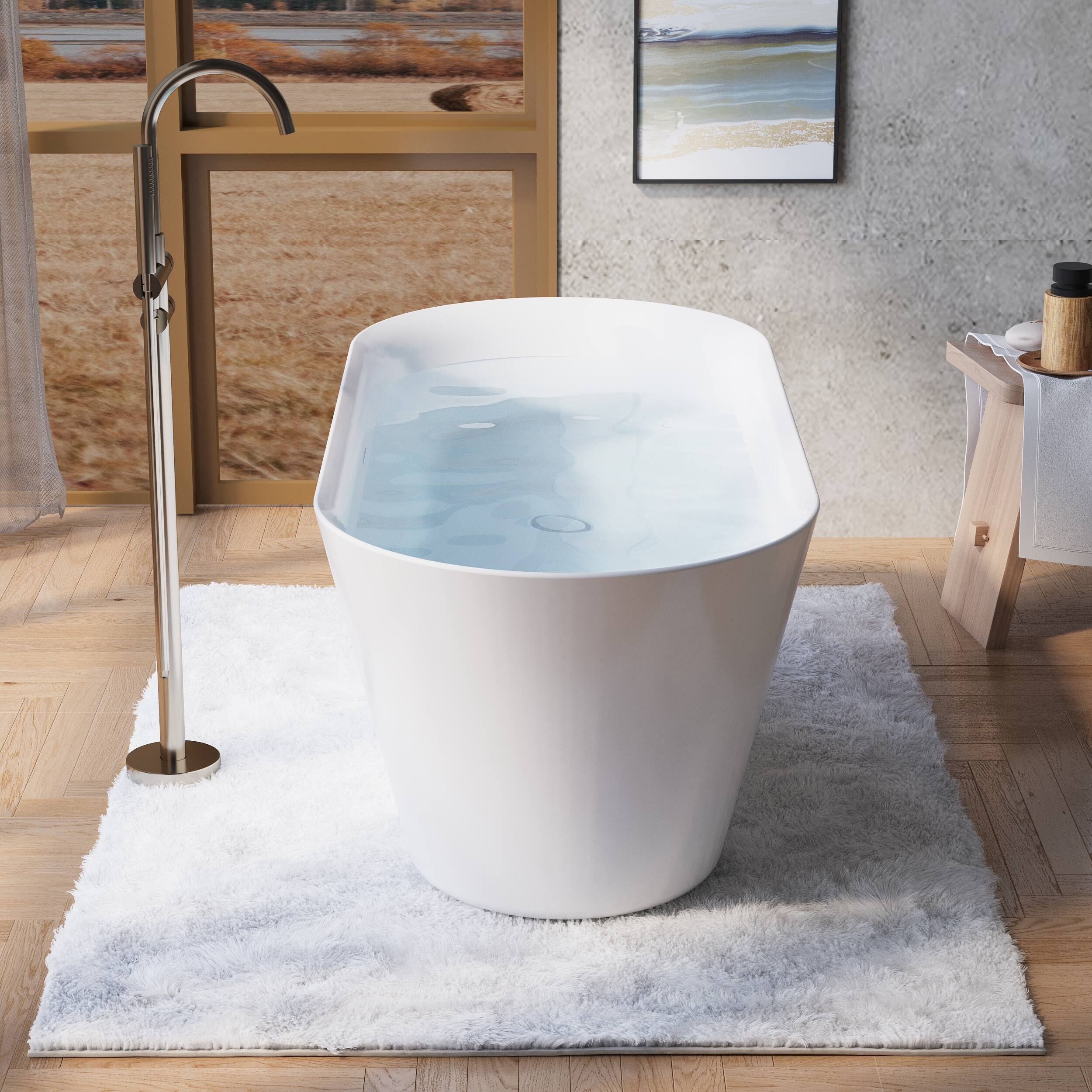 Left. WELLFOR - Sable 63 in. Acrylic Flatbottom Double Ended Freestanding Soaking  Bathtub with Drain and Overflow - White.