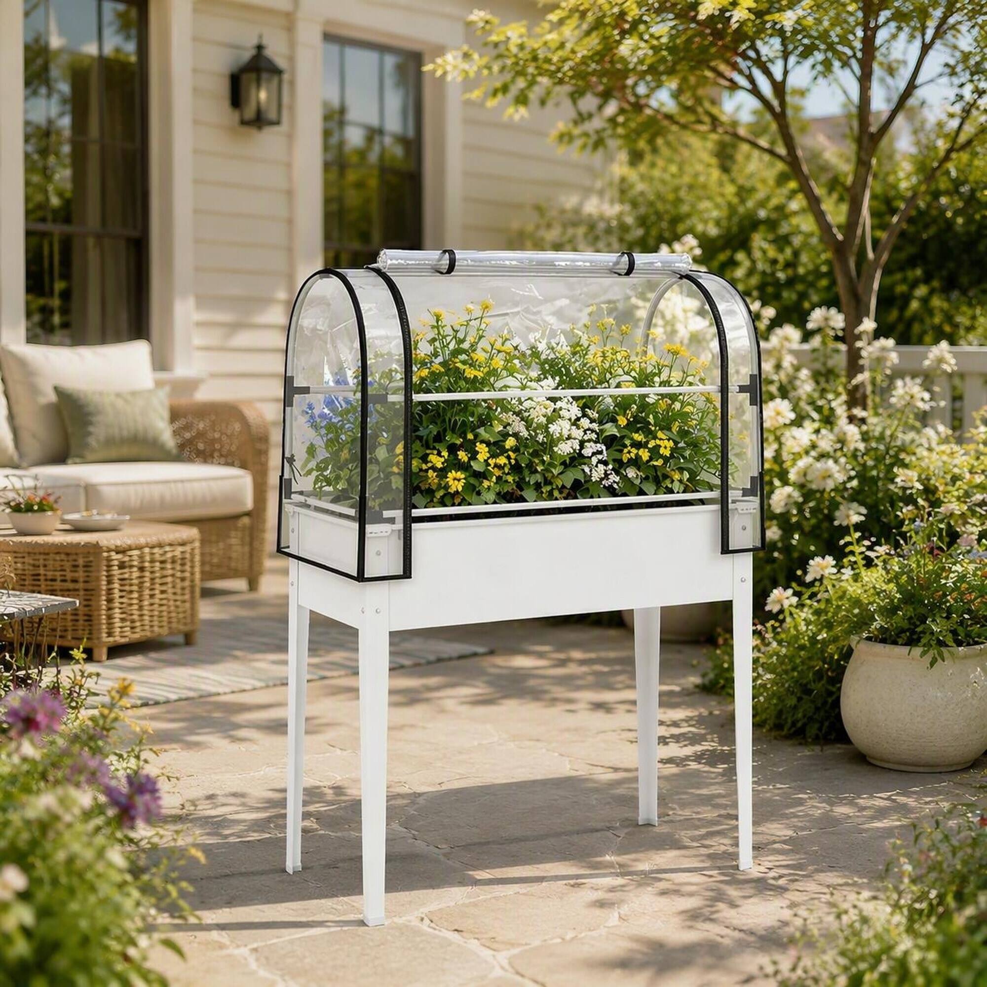 Left. RYHNUYNE - White Elevated Raised Garden Bed with Mini Greenhouse Cover, 26 Gallon Metal Planter Box on Legs for Outdoor Patio - White.