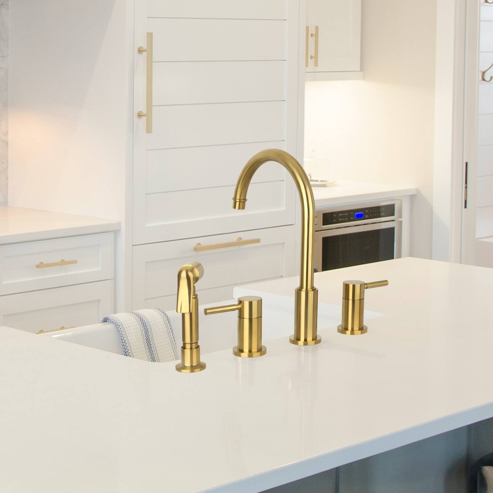 Alt View 4. Akicon - Akicon Solid Brass Double-Handle 360° Swivel Widespread Kitchen Faucet with Side Sprayer in Brushed Gold - Brushed Gold.