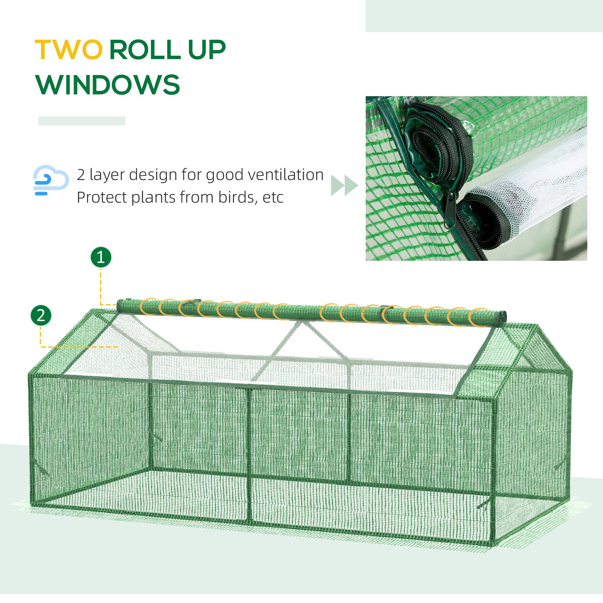TWO ROLL UP WINDOWS

2 layer design for good ventilation  
Protect plants from birds, etc

1  
2