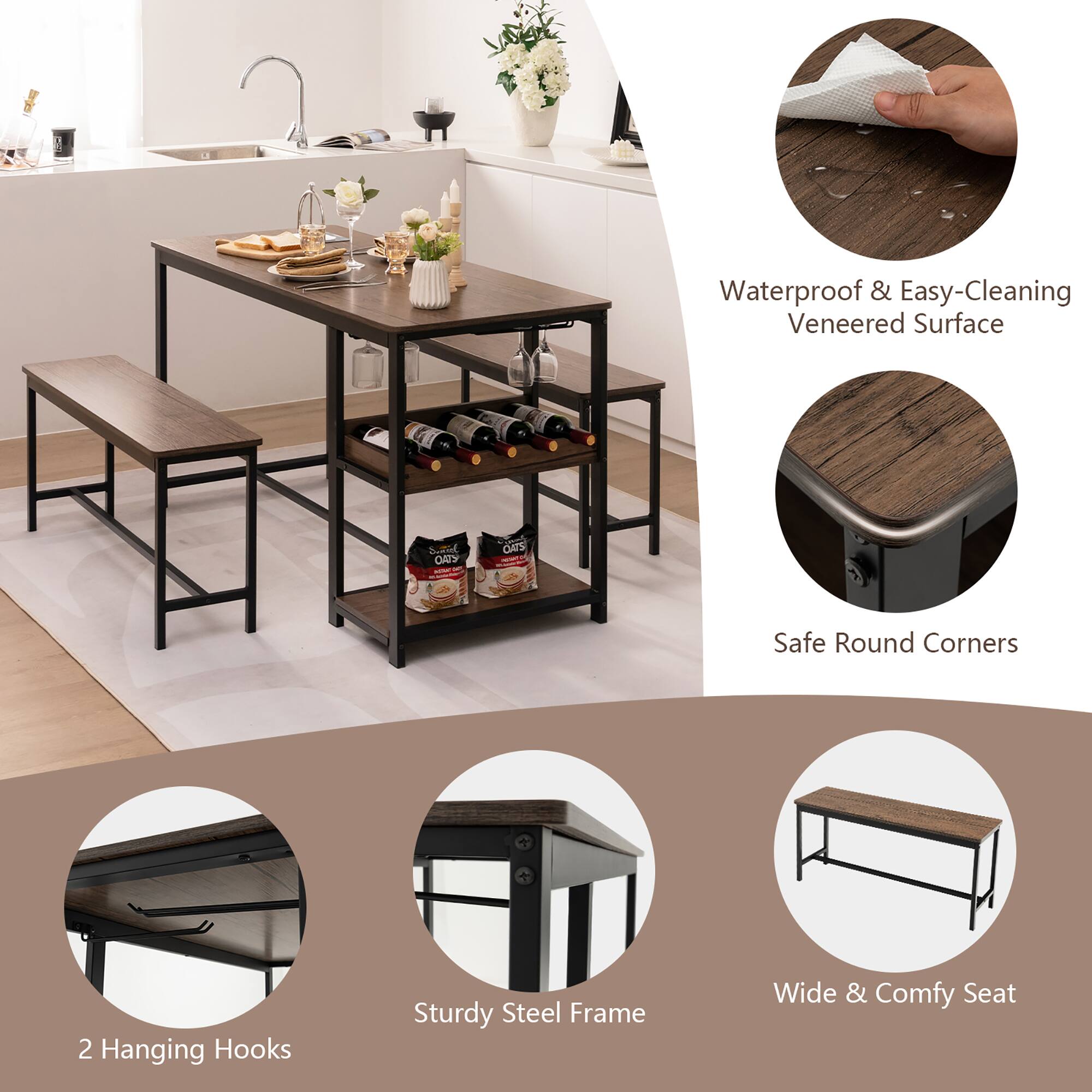 Waterproof & Easy-Cleaning Veneered Surface - Safe Round Corners - 2 Hanging Hooks - Sturdy Steel Frame - Wide & Comfy Seat