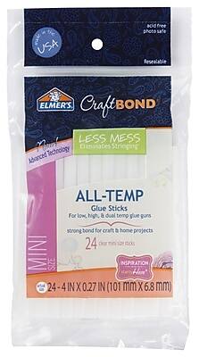USA acid-free photo safe Resealable ELMER'S Craft Bond LESS MESS Eliminates Stringing Advanced Technology ALL-TEMP Glue Sticks For low, high, & dual temp glue guns strong bond for craft & home projects 24 clear mini size sticks 24 - 4 IN X 0.27 IN (101 mm X 6.8 mm) INSPIRATION start with ELMER