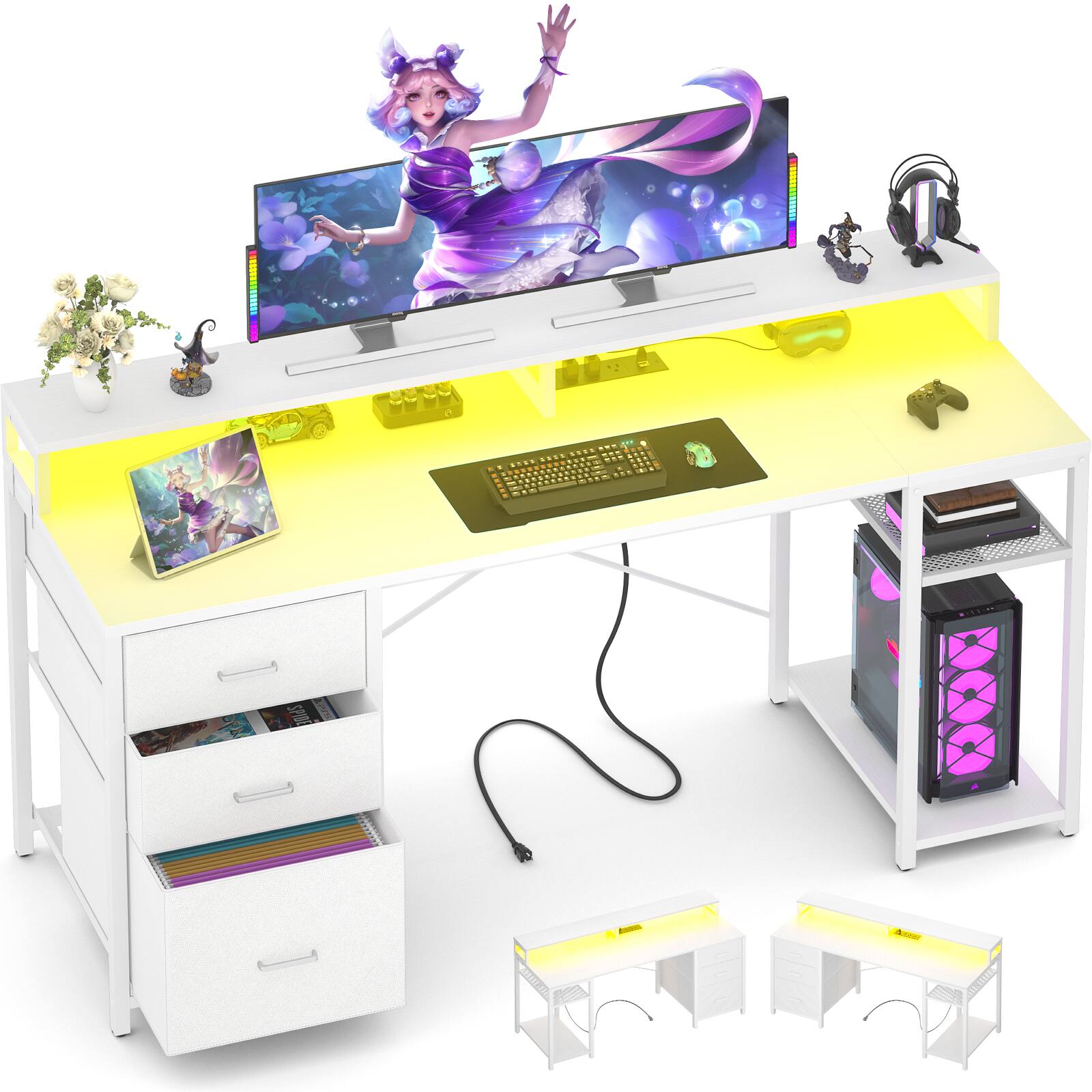 Alt View 1. Aheaplus - Gaming Desk with LED Lights and Power Outlets, 59'' Computer Desk with 3 Drawers for Home & Office - White.