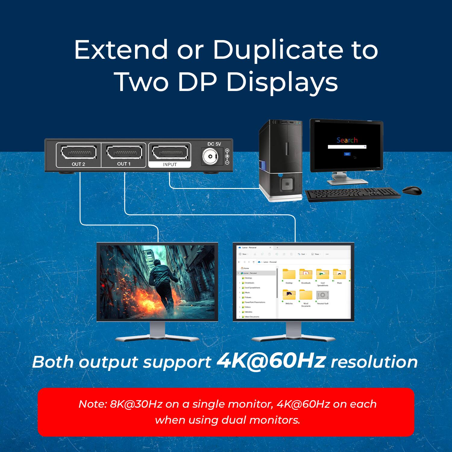 Extend or Duplicate to Two DP Displays

Both output support 4K@60Hz resolution

Note: 8K@30Hz on a single monitor, 4K@60Hz on each when using dual monitors.