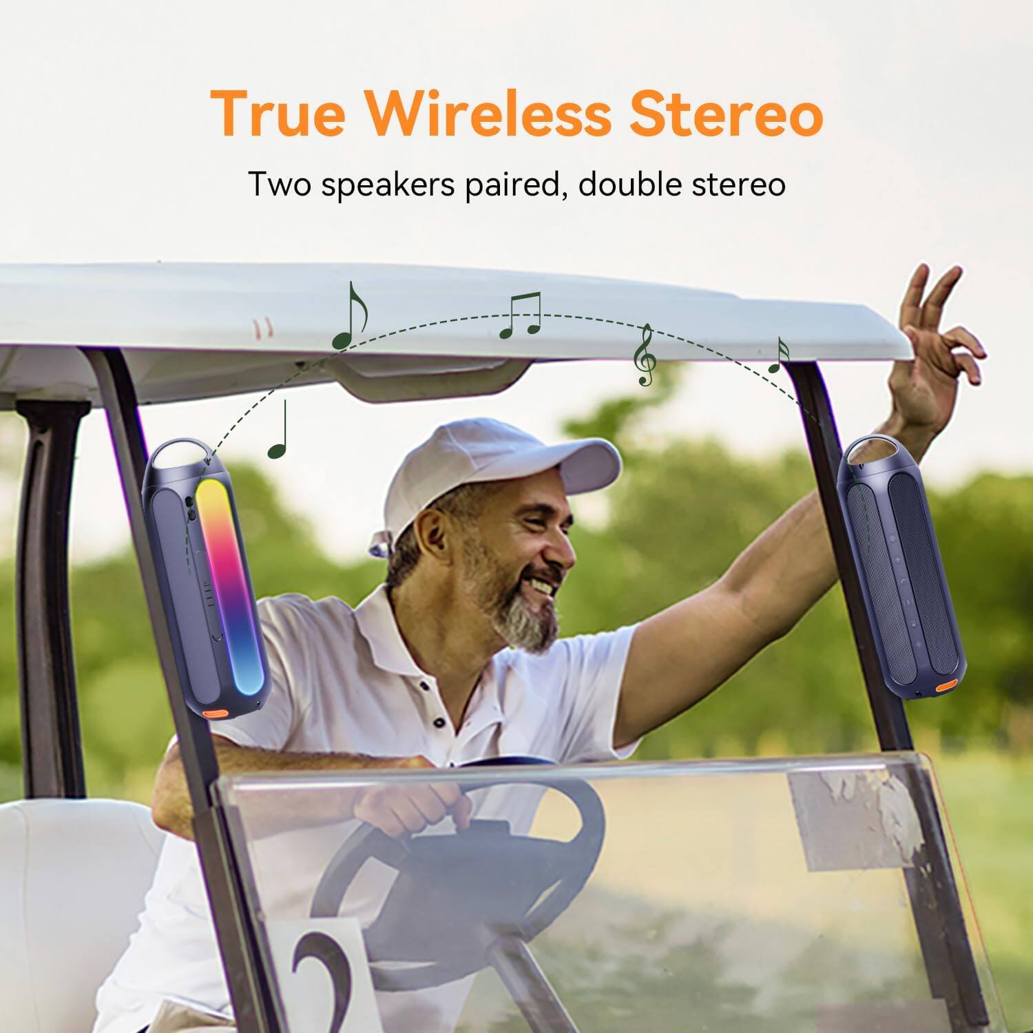 True Wireless Stereo  
Two speakers paired, double stereo