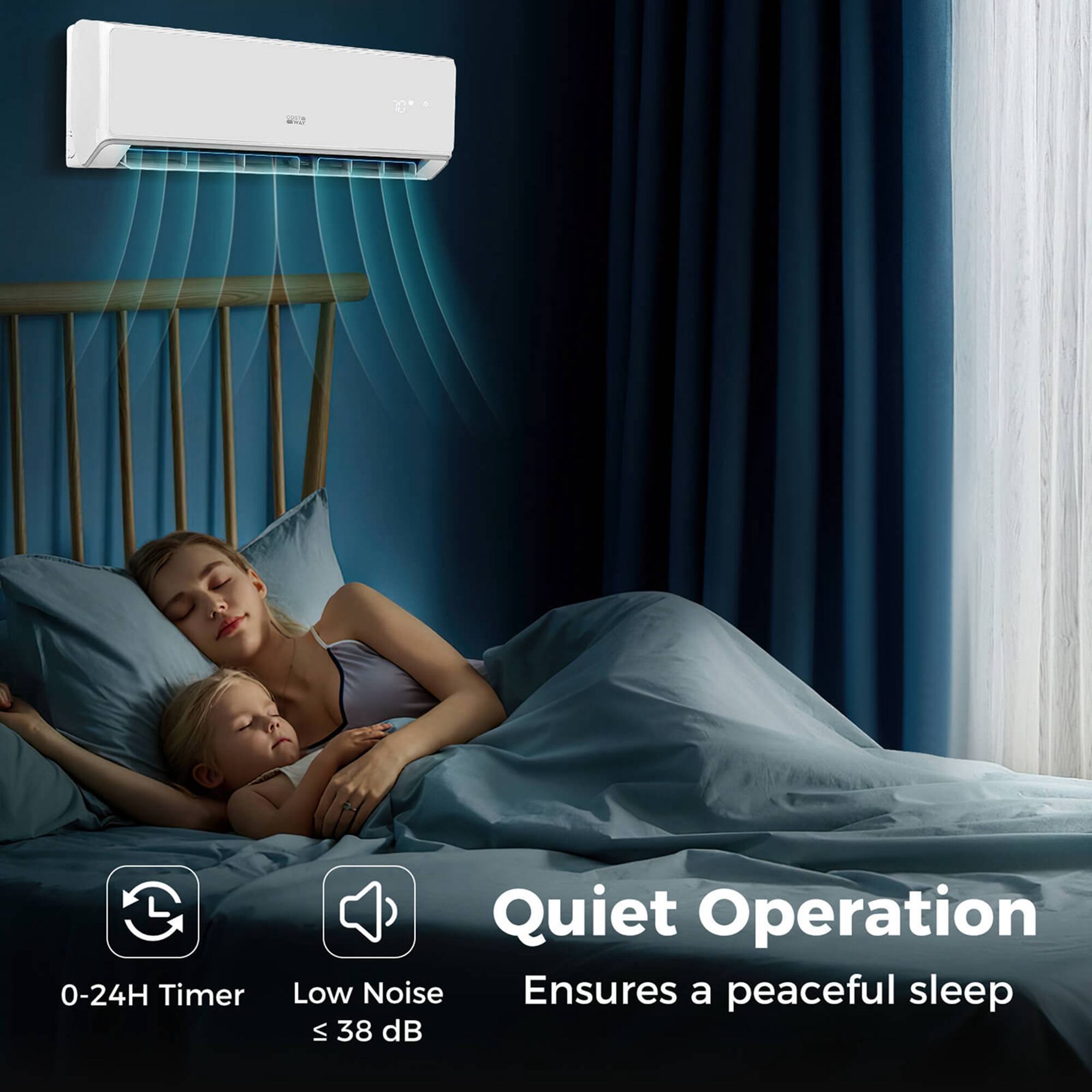The text on the image reads: "Quiet Operation - 0-24H Timer - Low Noise - Ensures a peaceful sleep - S 38 dB."