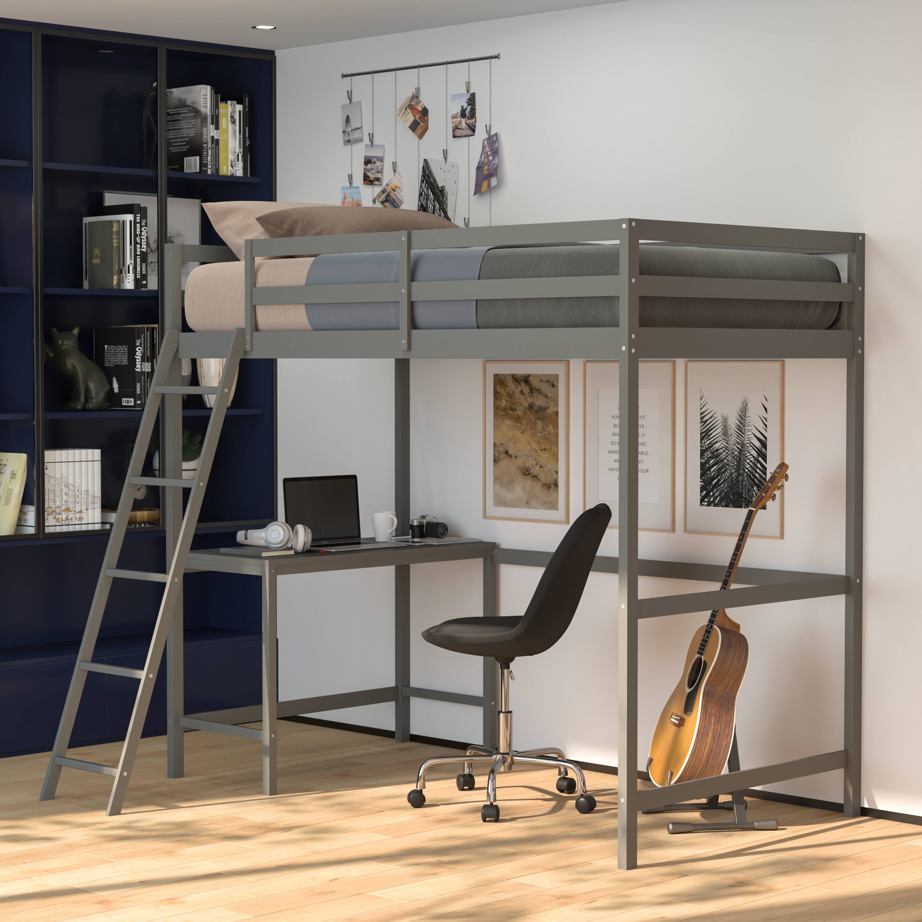Alt View 2. Flash Furniture - Riley Loft Bed Frame with Desk, Twin Size Wooden Bed Frame with Protective Guard Rails & Ladder for Kids and Teens - Lig - Gray.