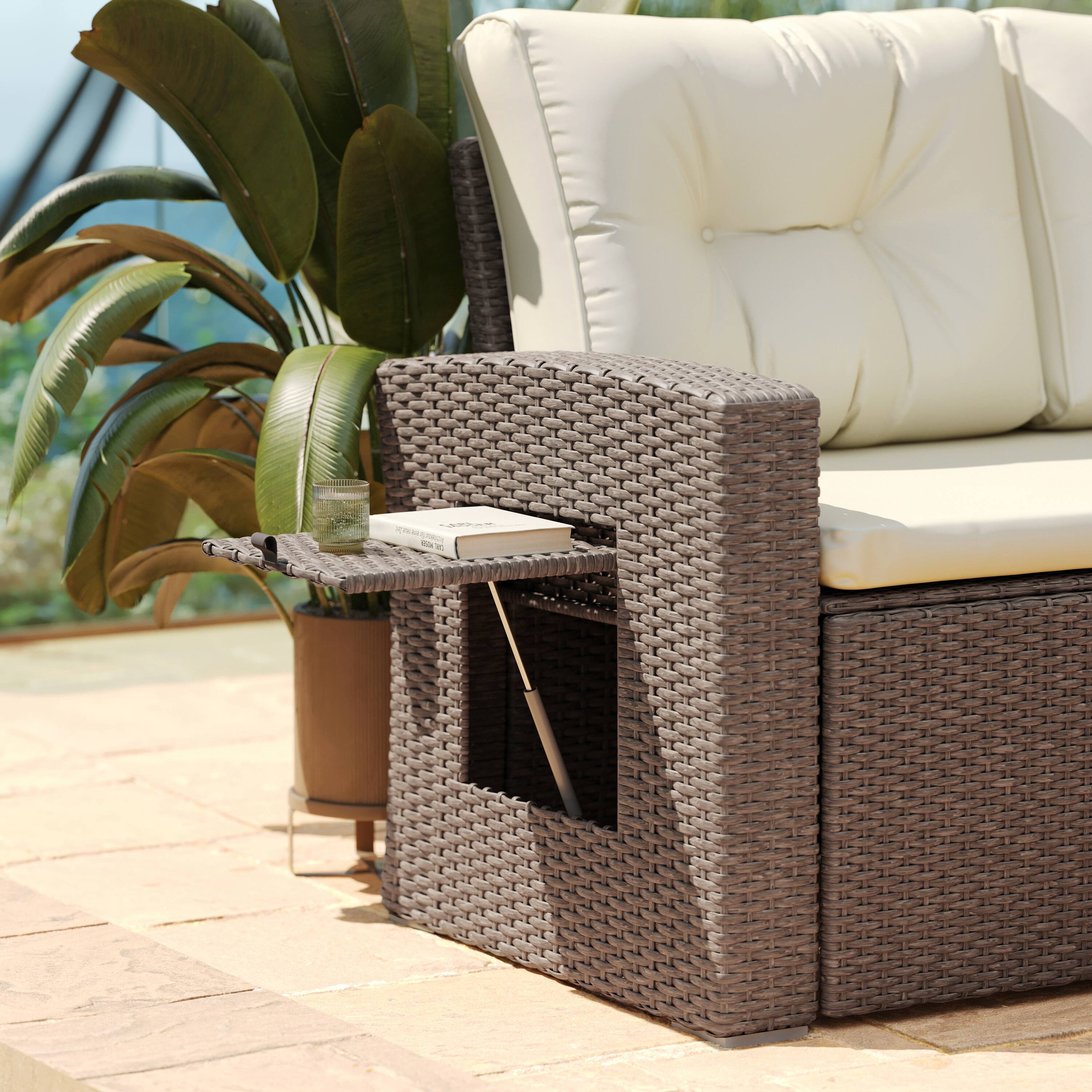 Alt View 3. Flash Furniture - Huck Indoor/Outdoor Wicker Rattan Conversation Set, L-Shaped Sofa with Dining Table, Weather Resistant Cushions, Beige a - Brown.