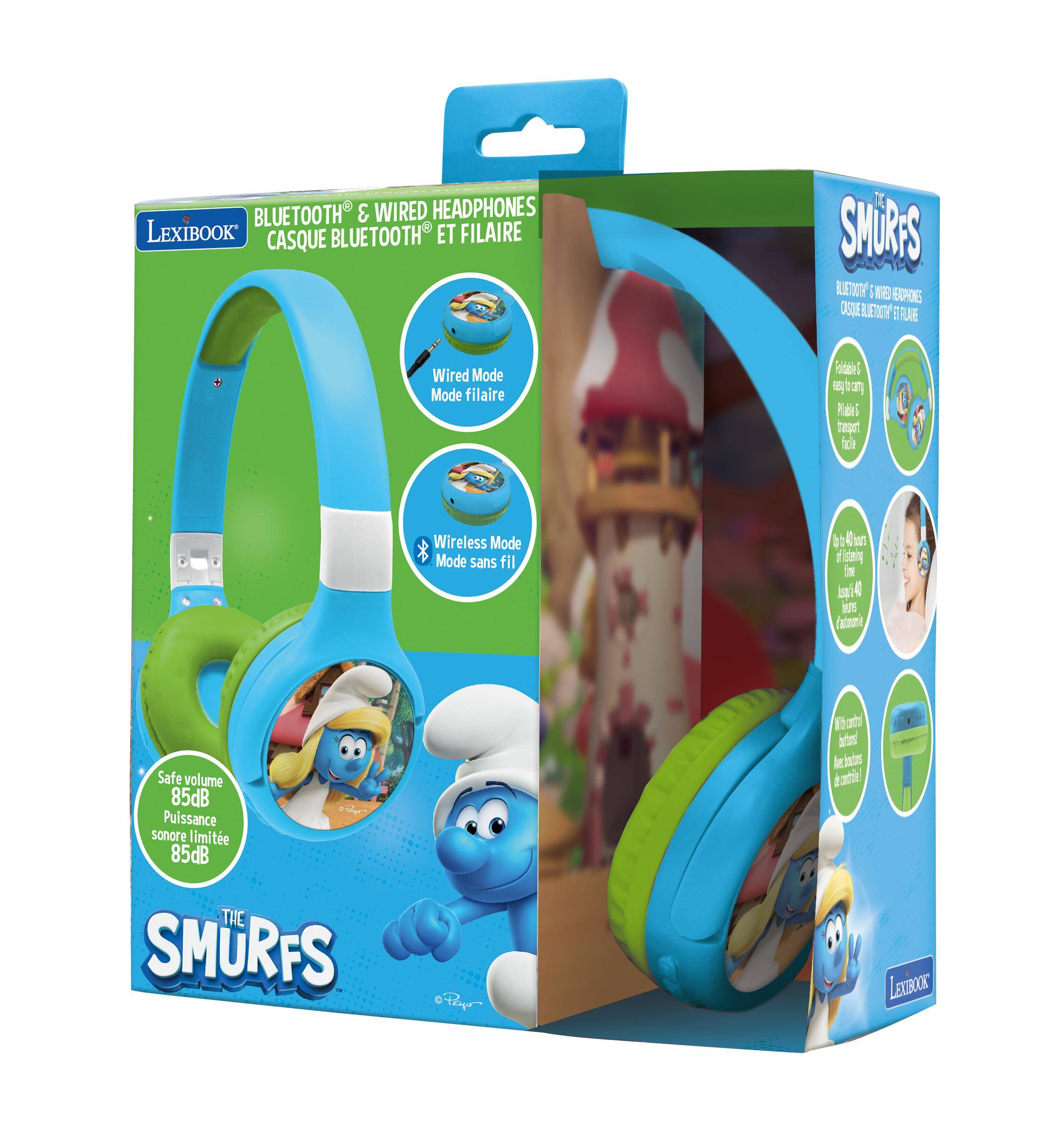 BLUETOOTH & WIRED HEADPHONES LEXIBOOK CASQUE BLUETOOTH ET FILAIRE

Wired Mode Mode filaire
Wireless Mode Mode sans fil

Safe volume 85dB Puissance sonore limite 85dB

THE SMURFS