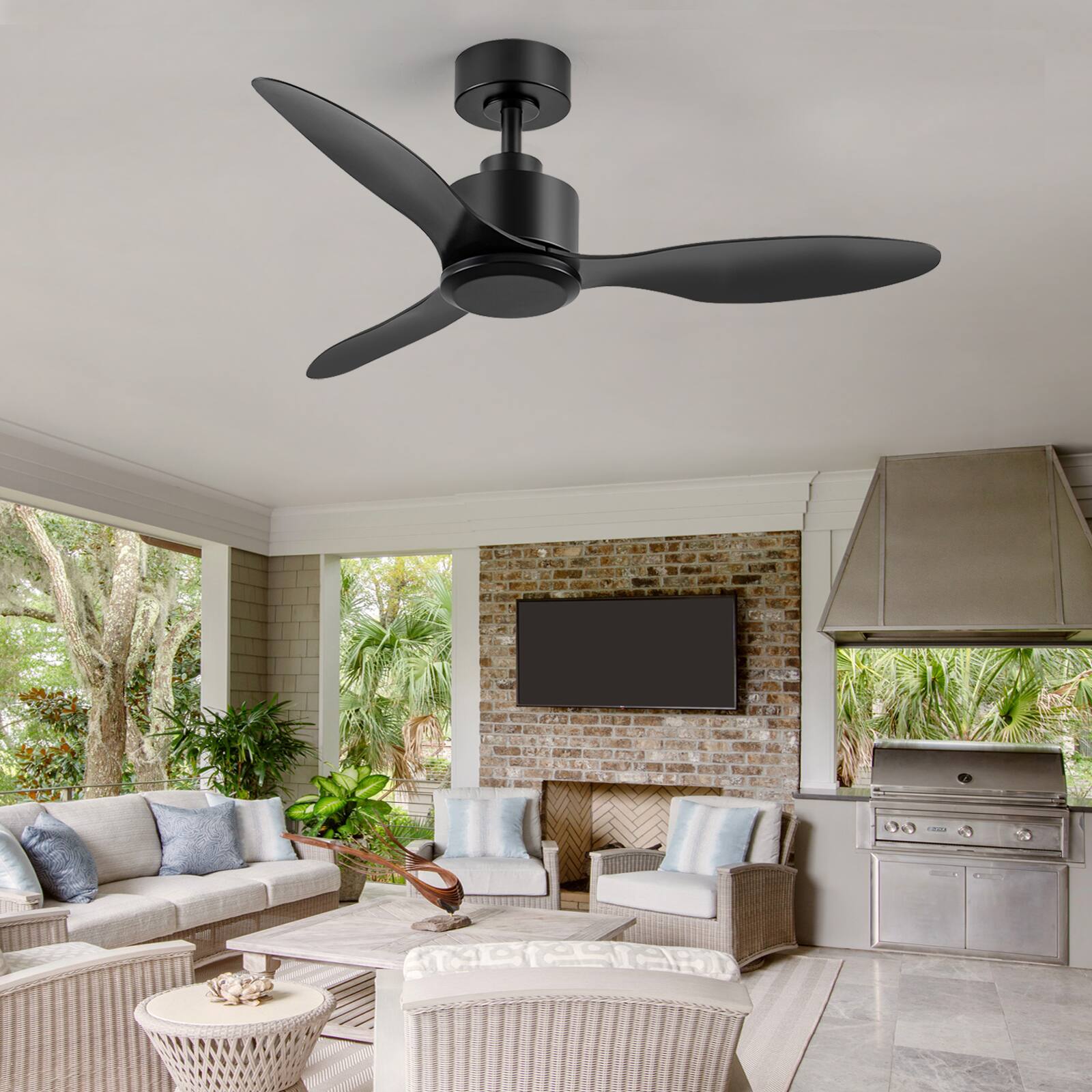 Alt View 6. Breezary - 42" Modern Indoor Ceiling Fan, 3 ABS Blades, 6-Speed DC Motor, Remote Control, Timer, 5'' Downrod, Light/No Light Option - Matte Black (Without Light).