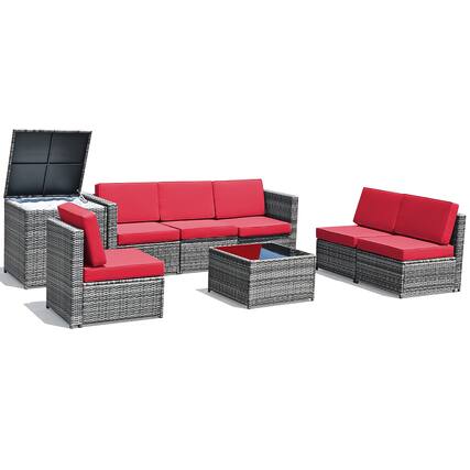 Front. Costway - 8 PCS Wicker Sofa Rattan Furniture Set Patio Furniture w/ Storage Table - Red.