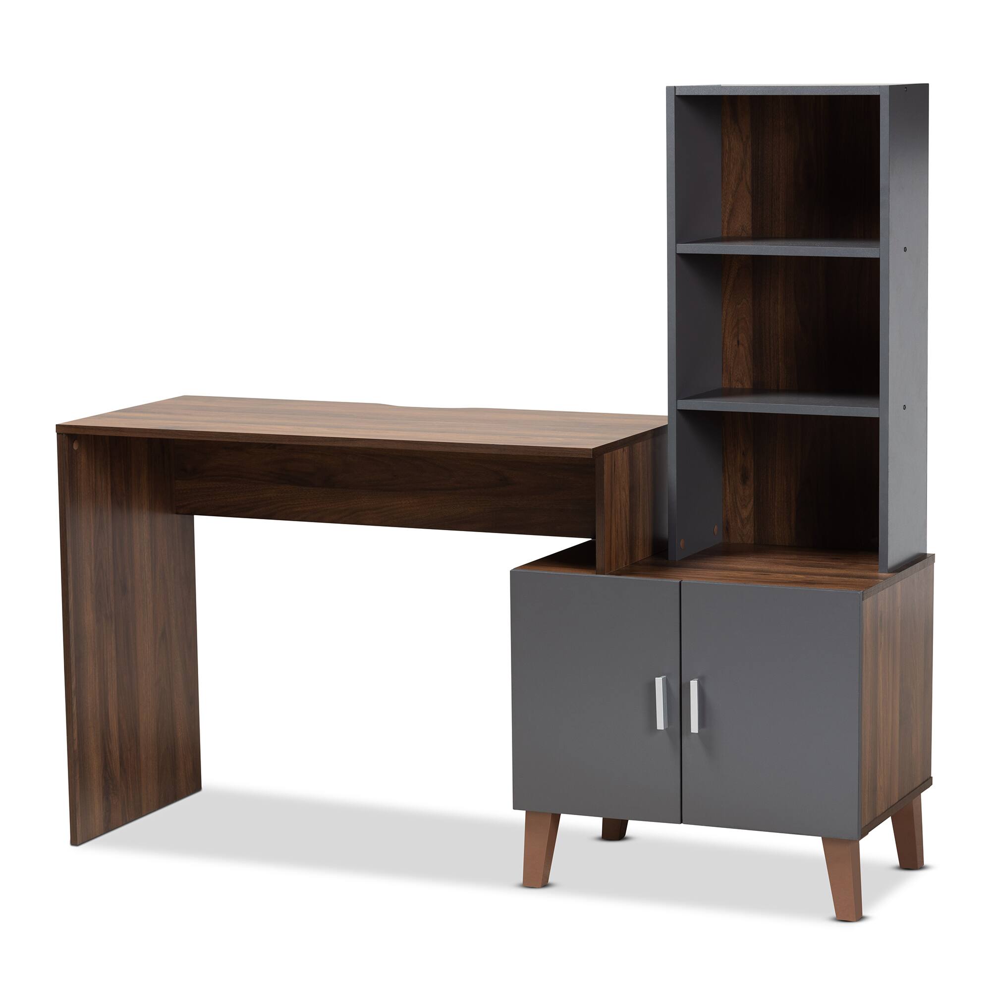 Front. Baxton Studio - Jaeger Modern and Contemporary Finished Wood Storage Desk with Shelves - Grey/Walnut Brown.