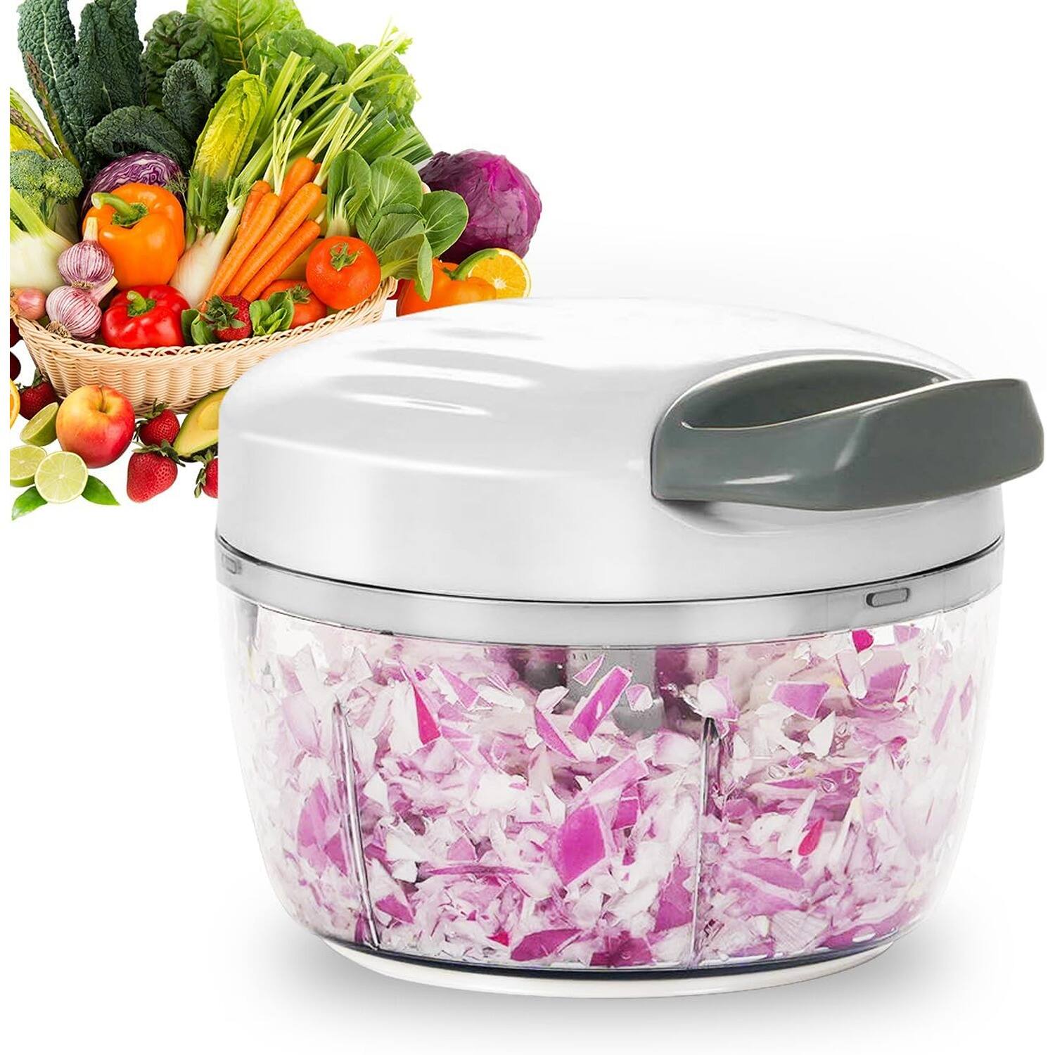 Front. PARKER SLATER - Manual Food Processor, 2.3-Cup Hand Pull Vegetable Chopper with 3 Stainless Blades for Onion, Garlic, More – White - White Grey.