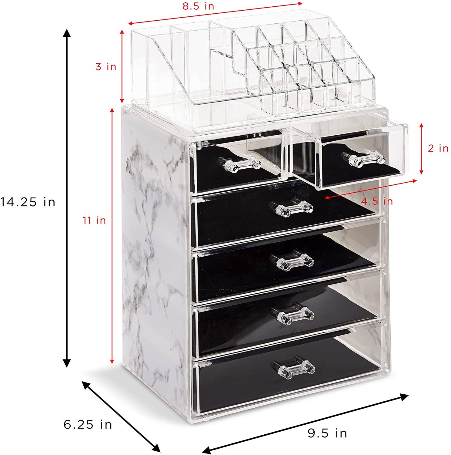 - Height: 14.25 in
- Width: 9.5 in
- Depth: 6.25 in
- Top shelf height: 8.5 in
- Drawer height: 3 in
- Drawer width: 4.5 in
- Drawer depth: 11 in
- Drawer handle height: 2 in