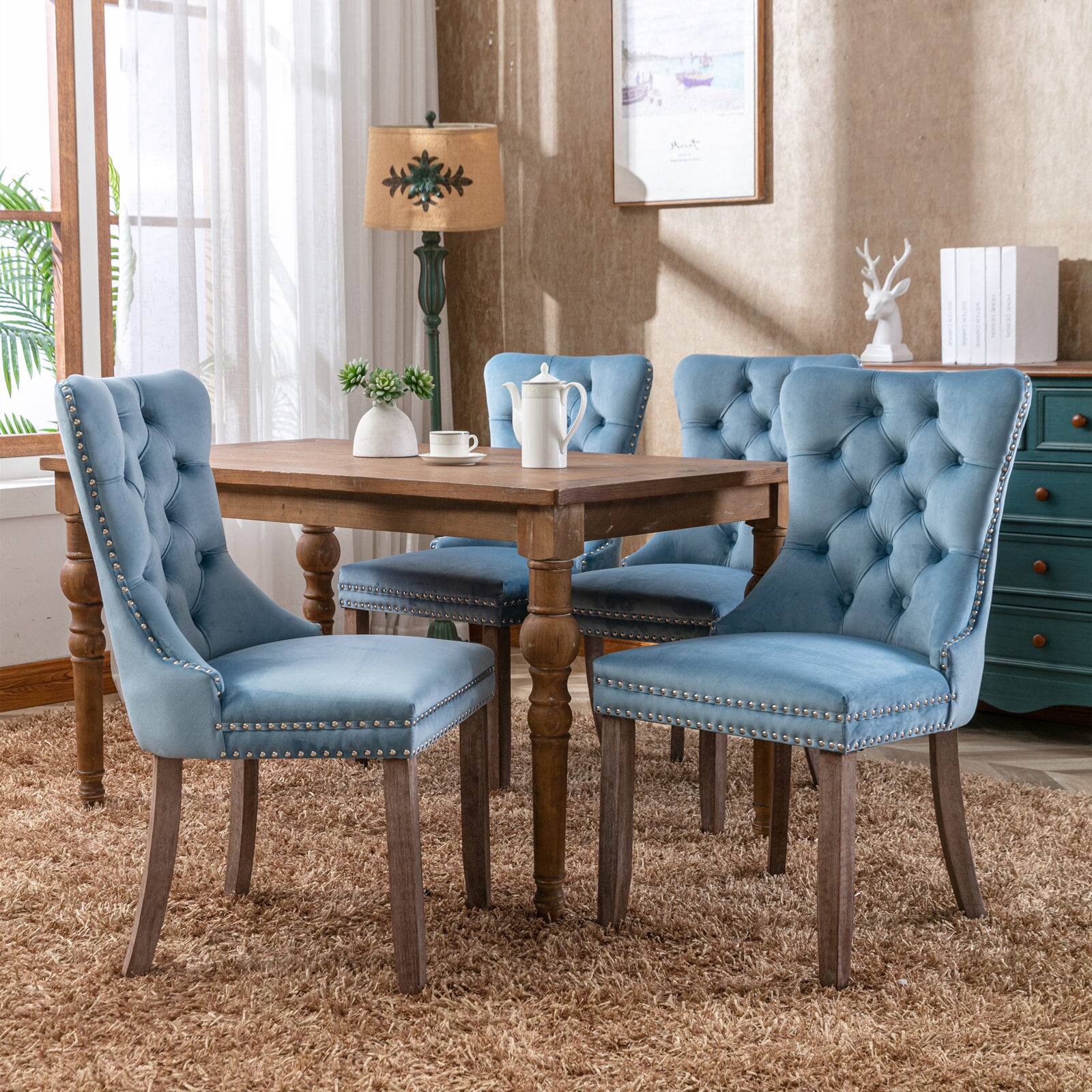 Left. Z-Edge - Velvet Dining Chairs Set of 2, Upholstered High-end Tufted Dining Room Chair with Nailhead Back Ring Pull Trim Wood Legs - Light Blue.