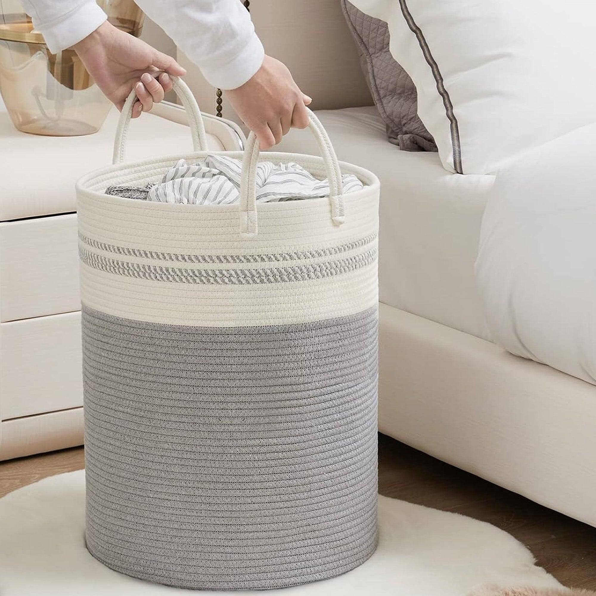 Alt View 7. Cheer Collection - Laundry Hamper, Large Woven Rope, 15" x 19.7" Cotton Laundry Basket with Handles, Clothes Hamper for Bedroom, Bathroom - 3-Tone Tan.