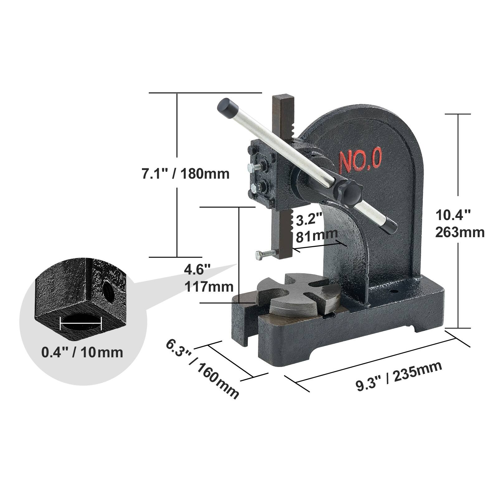 7.1" / 180mm  
3.2" / 81mm  
4.6" / 117mm  
0.4" / 10mm  
6.3" / 160mm  
9.3" / 235mm  
10.4" / 263mm