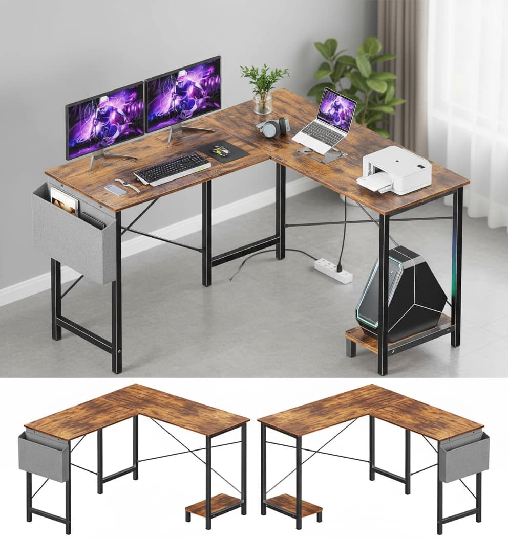 AOITUN - L Shaped Gaming Desk, Rustic 49 Inch Corner Computer Table with CPU Stand, Storage Bag & Reversible Design - Steel