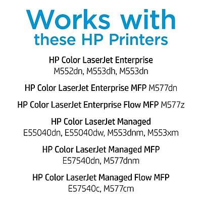 Works with these HP Printers

- HP Color LaserJet Enterprise M552dn, M553dh, M553dn
- HP Color LaserJet Enterprise MFP M577dn
- HP Color LaserJet Enterprise Flow MFP M577z
- HP Color LaserJet Managed E55040dn, E55040dw, M553dnm, M553xm
- HP Color LaserJet Managed MFP E57540dn, M577dnm
- HP Color LaserJet Managed Flow MFP E57540c, M577cm