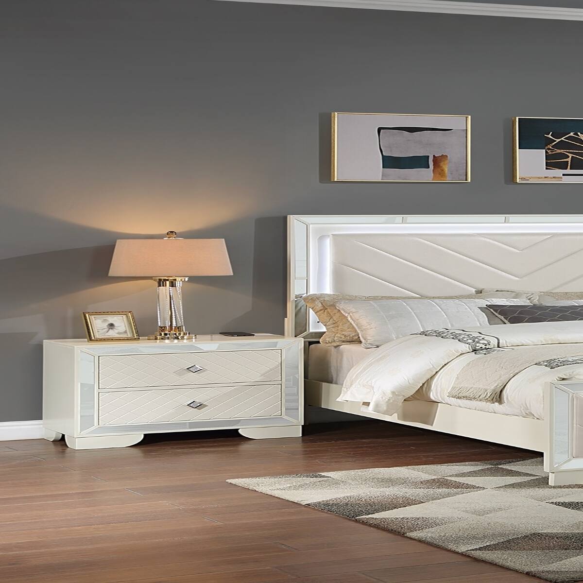 Back. Loheer - Loheer Cream Wooden Nightstand With Two Drawers and Wireless Charging - Cream.