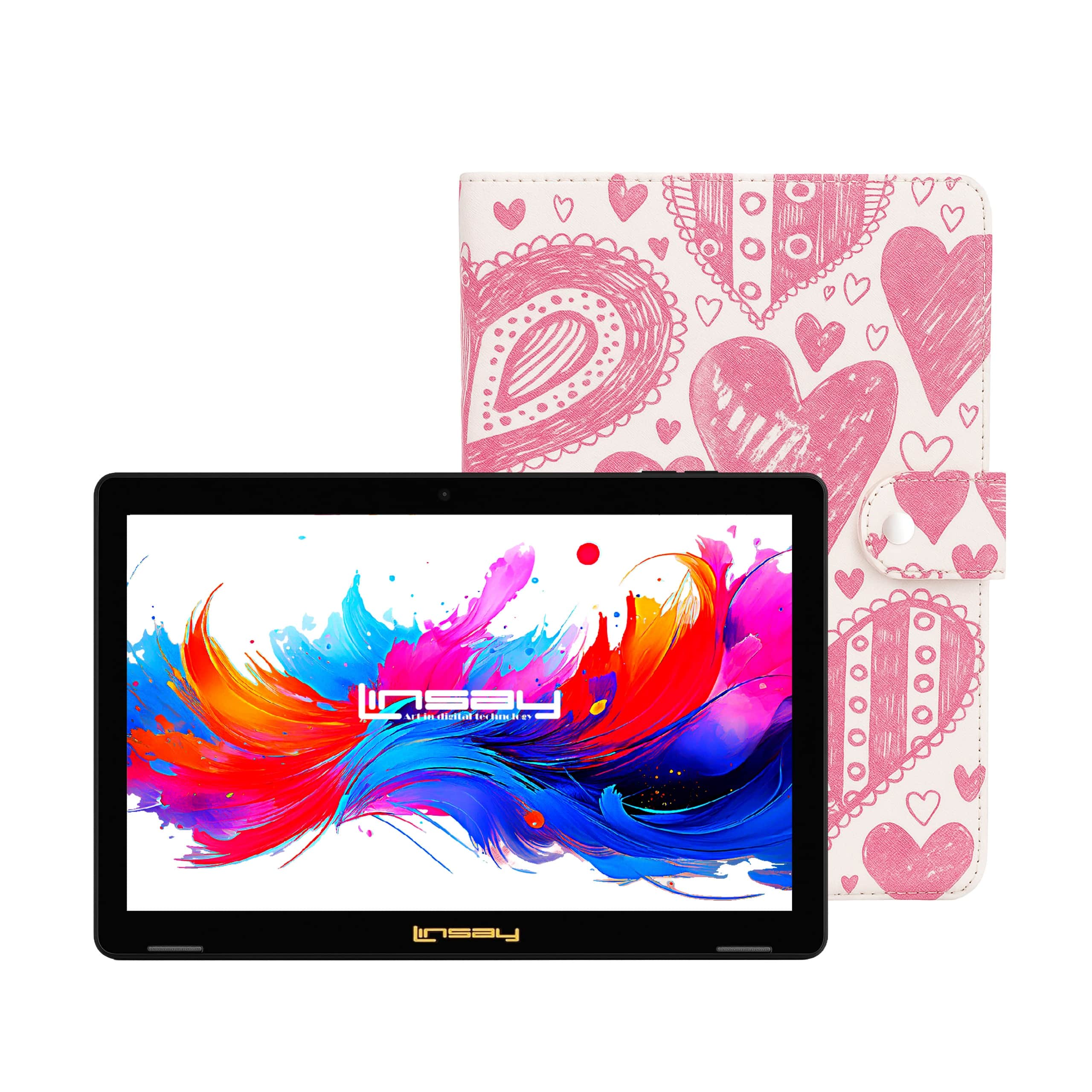 LINSAY - 10.1"Octa Core 256GB Storage Android 15 Tablet with Love shape Case - Red