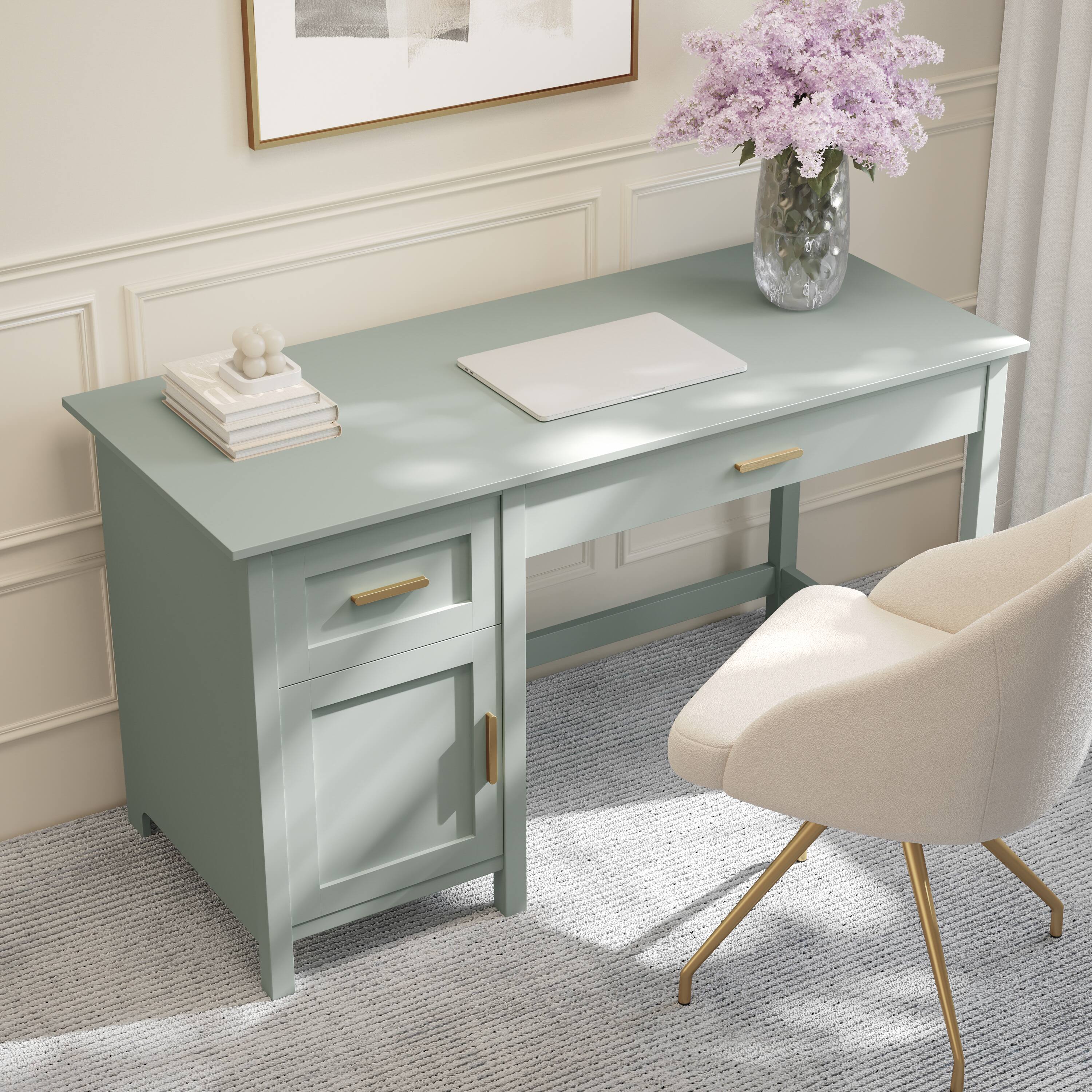 Alt View 4. Martha Stewart - Hutton Shaker Style Home Office Desk with Storage - Sage Frame/Polished Brass Hardware.