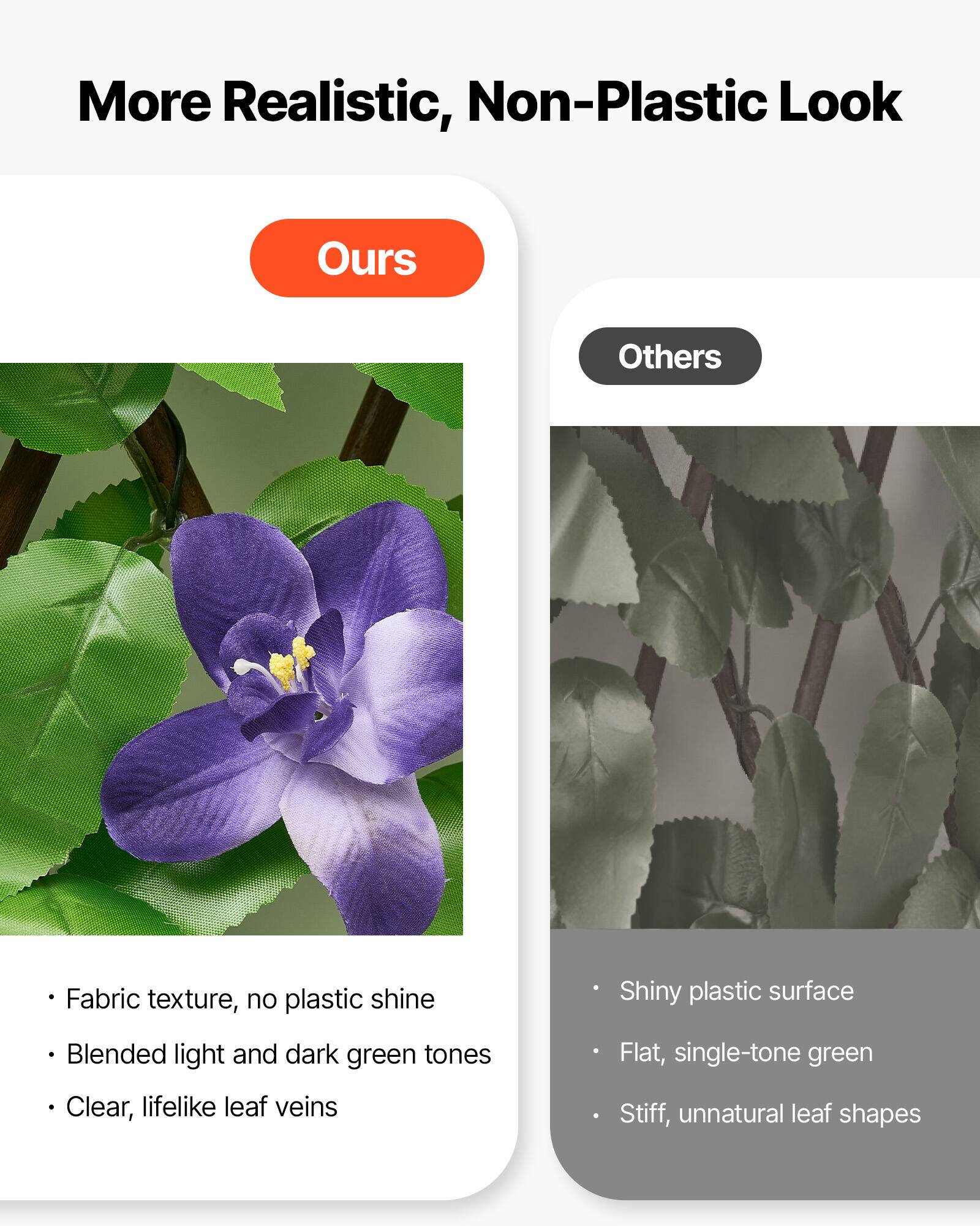 More Realistic, Non-Plastic Look

**Ours**
- Fabric texture, no plastic shine
- Blended light and dark green tones
- Clear, lifelike leaf veins

**Others**
- Shiny plastic surface
- Flat, single-tone green
- Stiff, unnatural leaf shapes