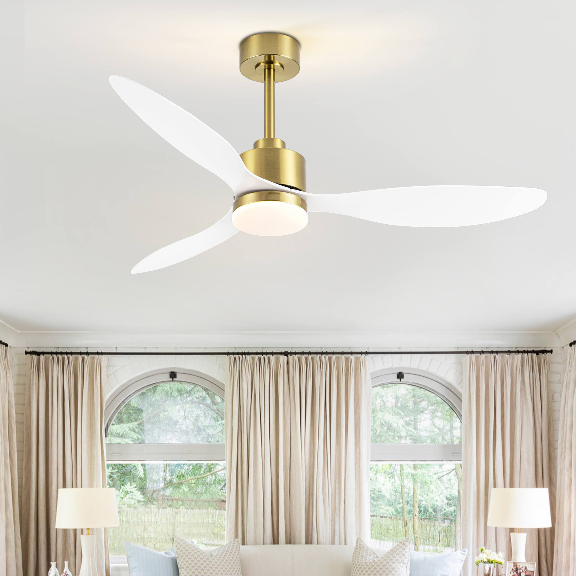 Back. Breezary - 52" Indoor Ceiling Fan, 3 ABS Blades, 6-Speed DC Motor, Remote Control, Memory/Timer, 3-Color LED Light, 5"/10" Downrods - Gold and White.