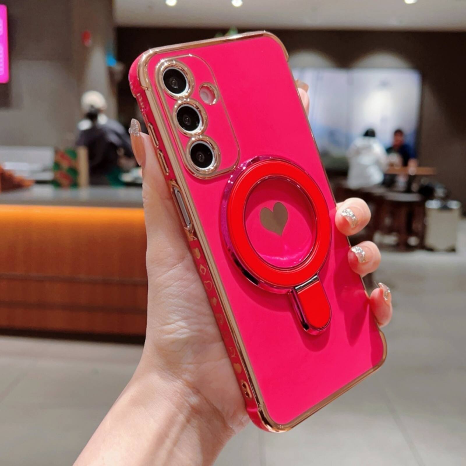 Alt View 8. UUCOVER - Magnetic Ring Kickstand Case for Samsung Galaxy A16 5G/4G Compatible with MagSafe, Electroplated Heart Pattern TPU Cover - Rose.