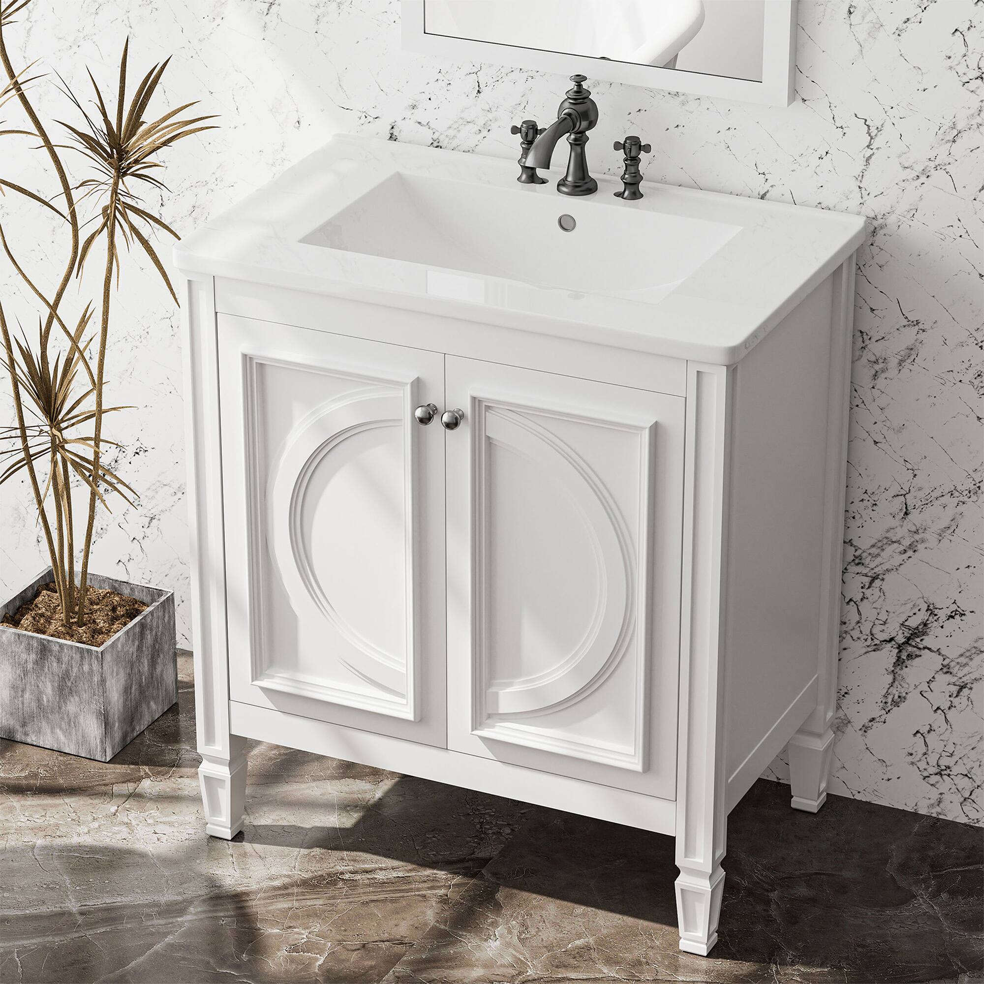 Alt View 3. KERDOM - 30 Inch Wide Bathroom Vanity With Ceramic Sink & Countertop, 3 Holes French Vintage Vanity Half Bath Cabinet, No Faucet - White.