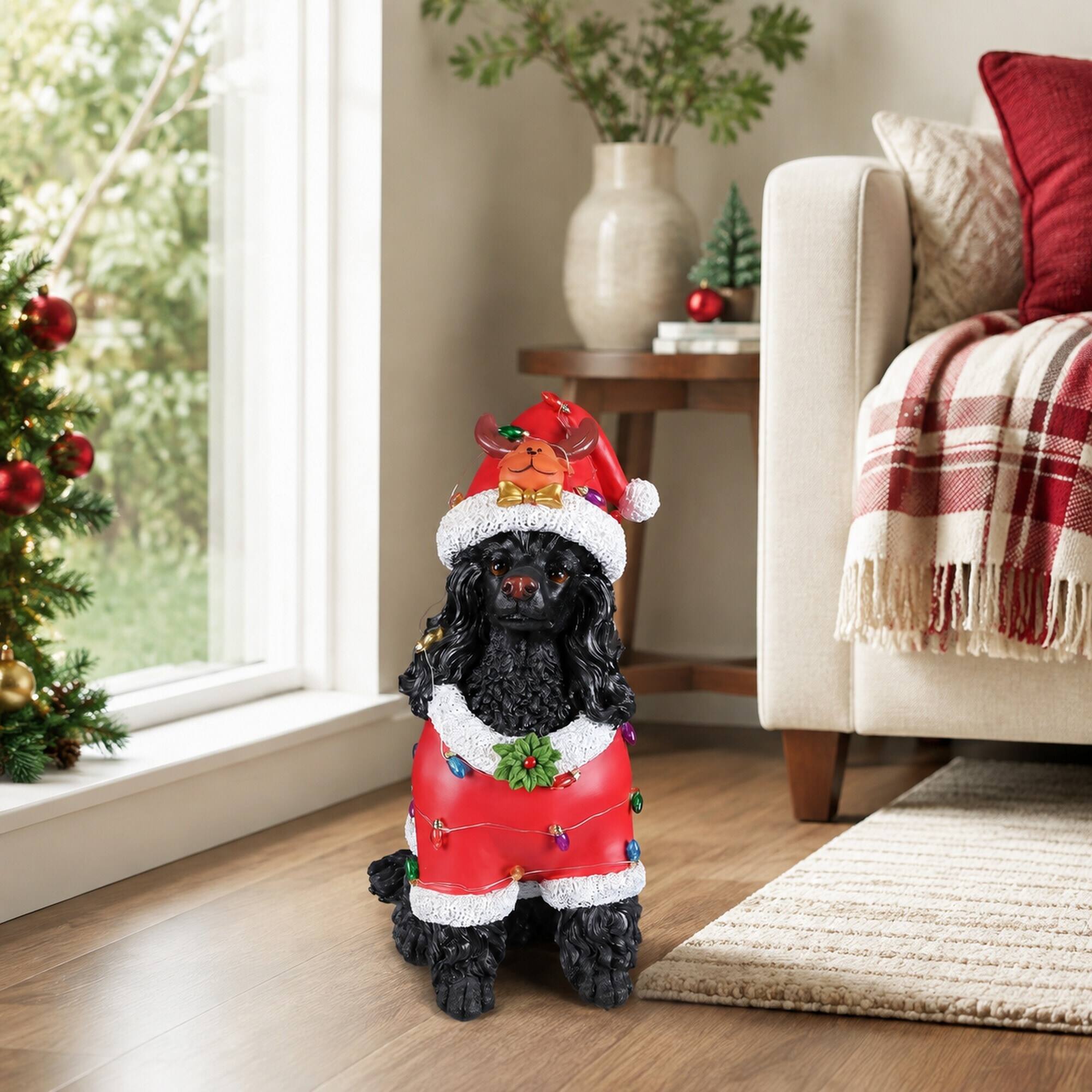 Back. RYHNUYNE - Holiday Black Poodle Statue with Red Santa Outfit and Reindeer Hat for Christmas Mantel Table Decor - Black.