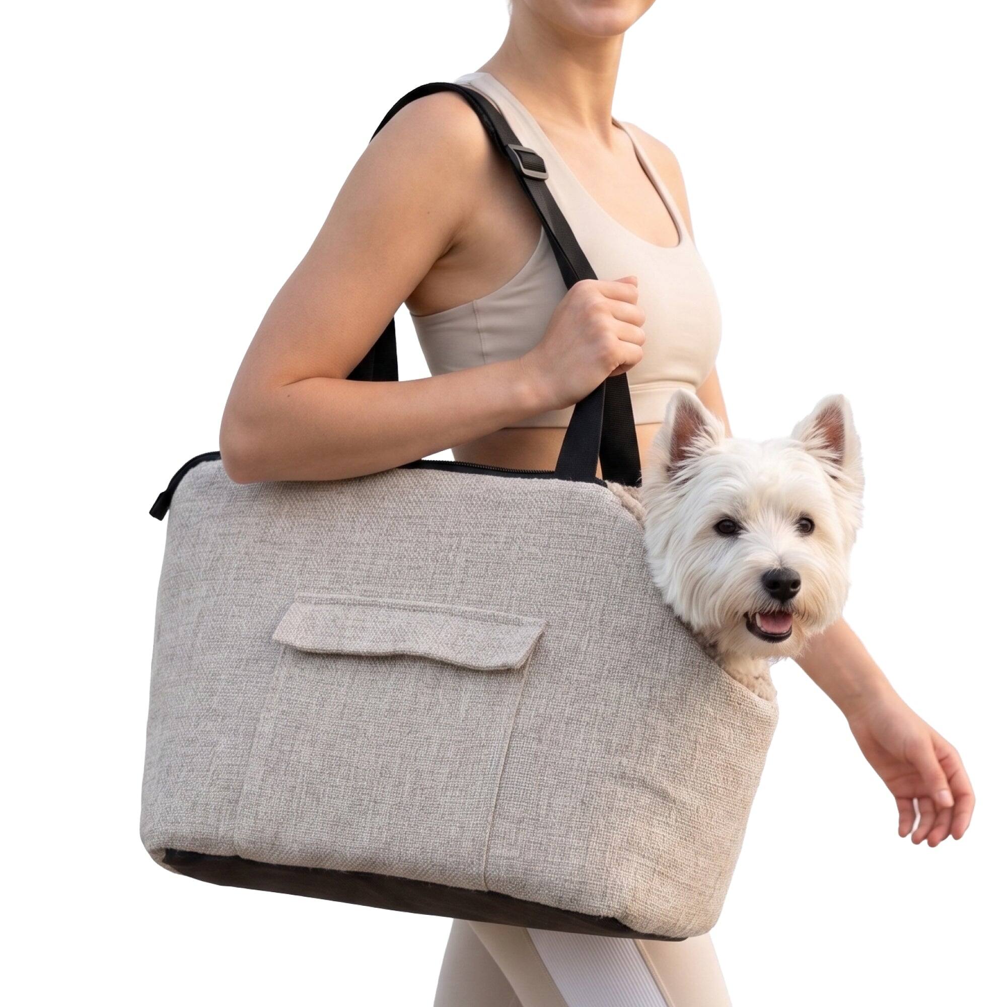 Front. PawsPik - PawsPik TinyTrek Plush Dog & Cat Carrier Bag, Linen Stone Gray - Linen Stone Gray.